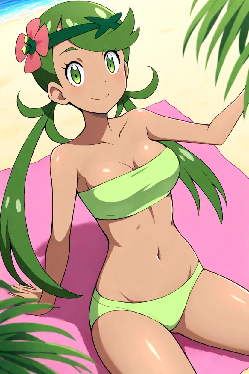 masterpiece, best quality, absurdres, medium breasts, (curvy), cute, eyelashes,      vivid colors,   BREAK,  ,,,   zzMallow, green hair, green eyes, hair flower, hair ornament, bikini, <lora:MallowPokemonIXL_e09:1.0>,  ,,, smile, looking at viewer,   ,,,   tropical beach, plants, laying on towel,