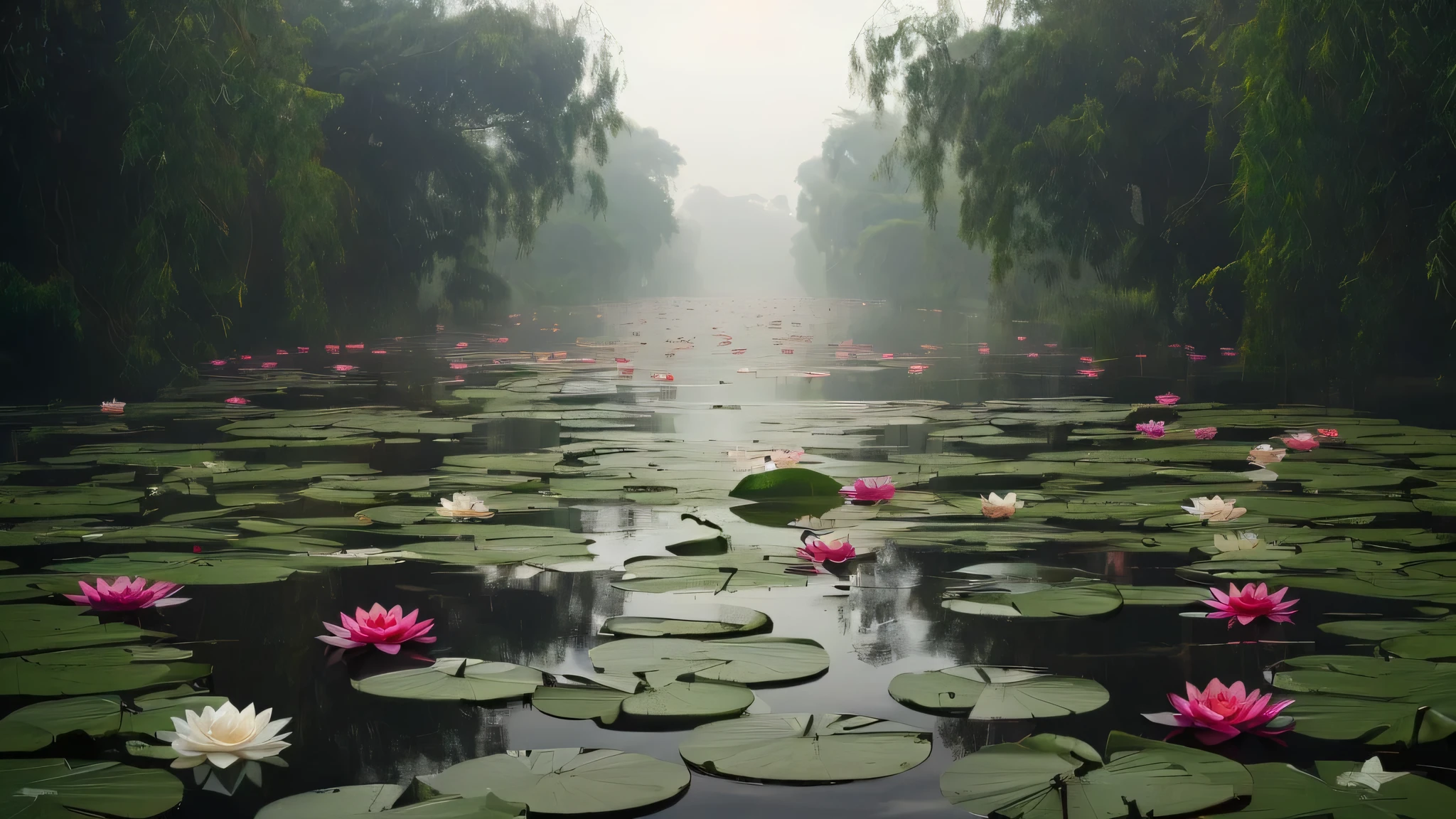 there are many water lillies floating in a pond of water, lotus pond, in a misty pond, by Ji Sheng, waterlily pond, by Li Mei-shu, jingna zhang, extremely beautiful and ethereal, weeping willows and flowers, misty garden, incredibly ethereal, by Li Song, by Shen Zhou, by Li Zai, by Li Kan