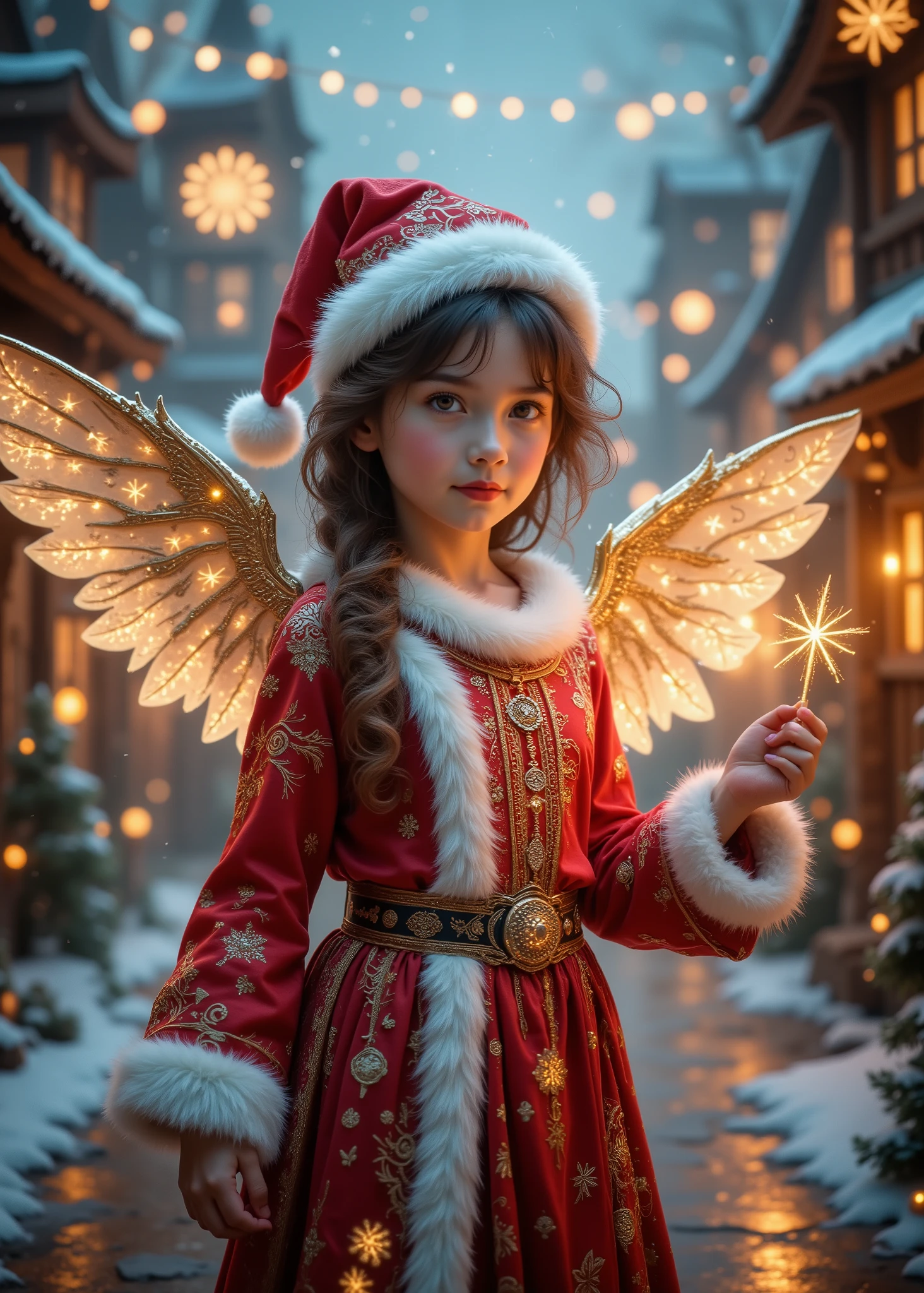 cute angel girl、 Fairyland 、Santa Claus cosplay 、Red and white triangle hat、cute little girl in Santa Claus costume、Cute and attractive、old houses decorated with lights and Christmas trees、floating in the air、3D,high image quality、Cinematic Lighting、fun atmosphere、high image quality、detail