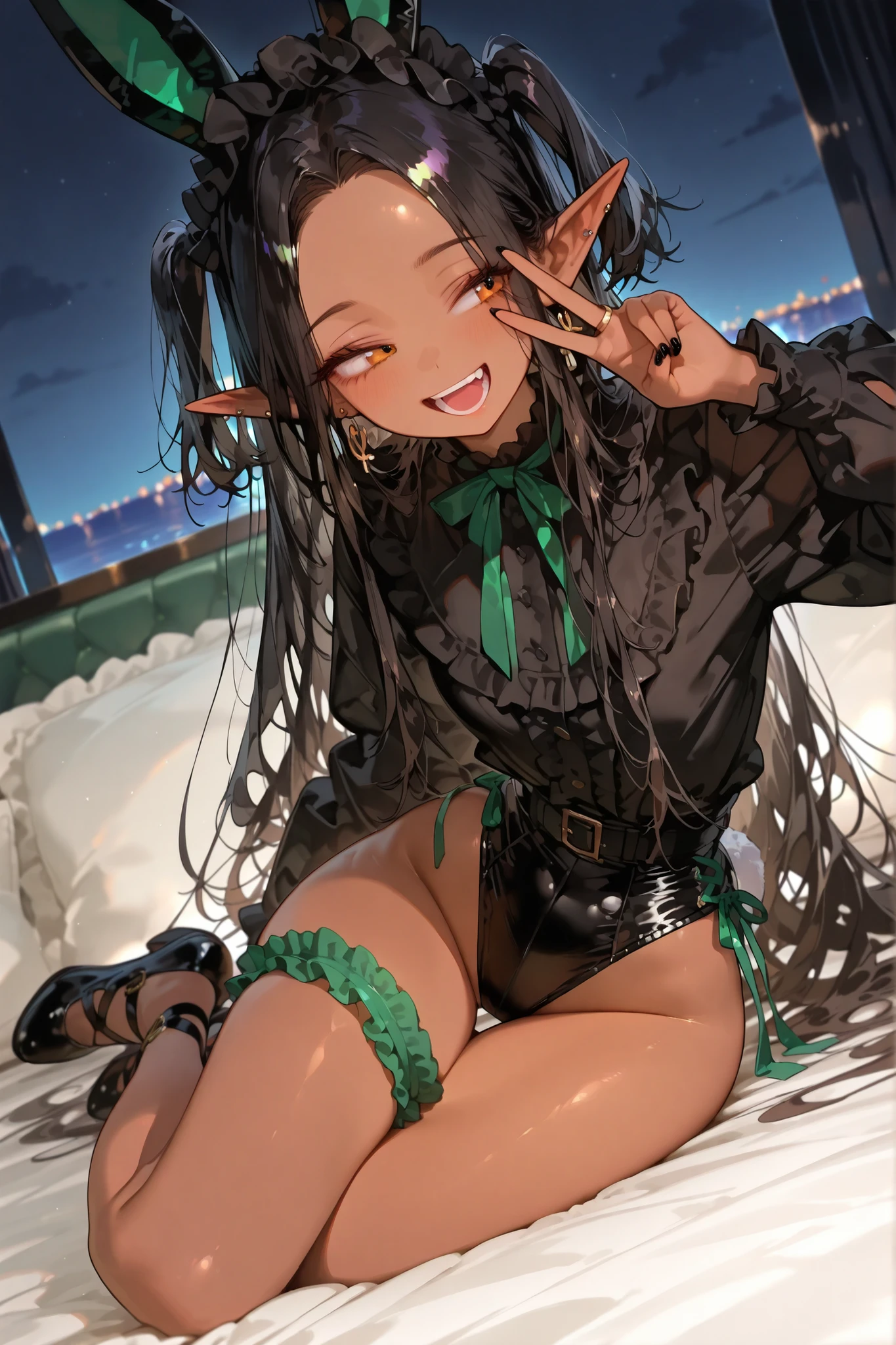 ladyshadow,Cute woman,A Man's Daughter,solo,Long side up hairstyle(forehead is sticking out of the bed),beautiful black hair(two-tone with green),neutral face,Beautiful Teenager,Elf long ears,Brown skin,flat chest,wide hips,pretty orange eyes,black costume(high leg in the rank room,frills,rabbit ear headband,green garter ring,Black nails,high-heeled laced shoes),looking away,laughing,peace sign,Night Beach