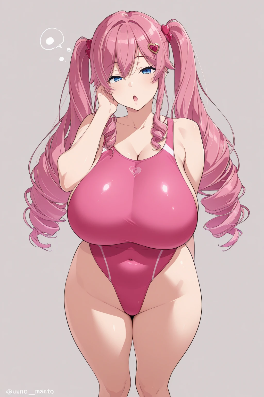 (semi-realistic:0.8), masterpiece, best quality, simple background, 1girl, solo, (chubby, curvy, thick), (cube hair ornament:0.75), pink hair, long hair, shameful face, beautiful eyes, shy, blush, closed mouth, armpit, ????????????????, ????????????, ???????????, big ??????, cleavage, huge ???, big ???, (((wide ????))), navel cutout, latex, choker, elbow gloves, ((black bodycon + mini dress)), ?????, thighhighs, standing, hands behind head, (looking at viewer, front, front view), cowboy shot