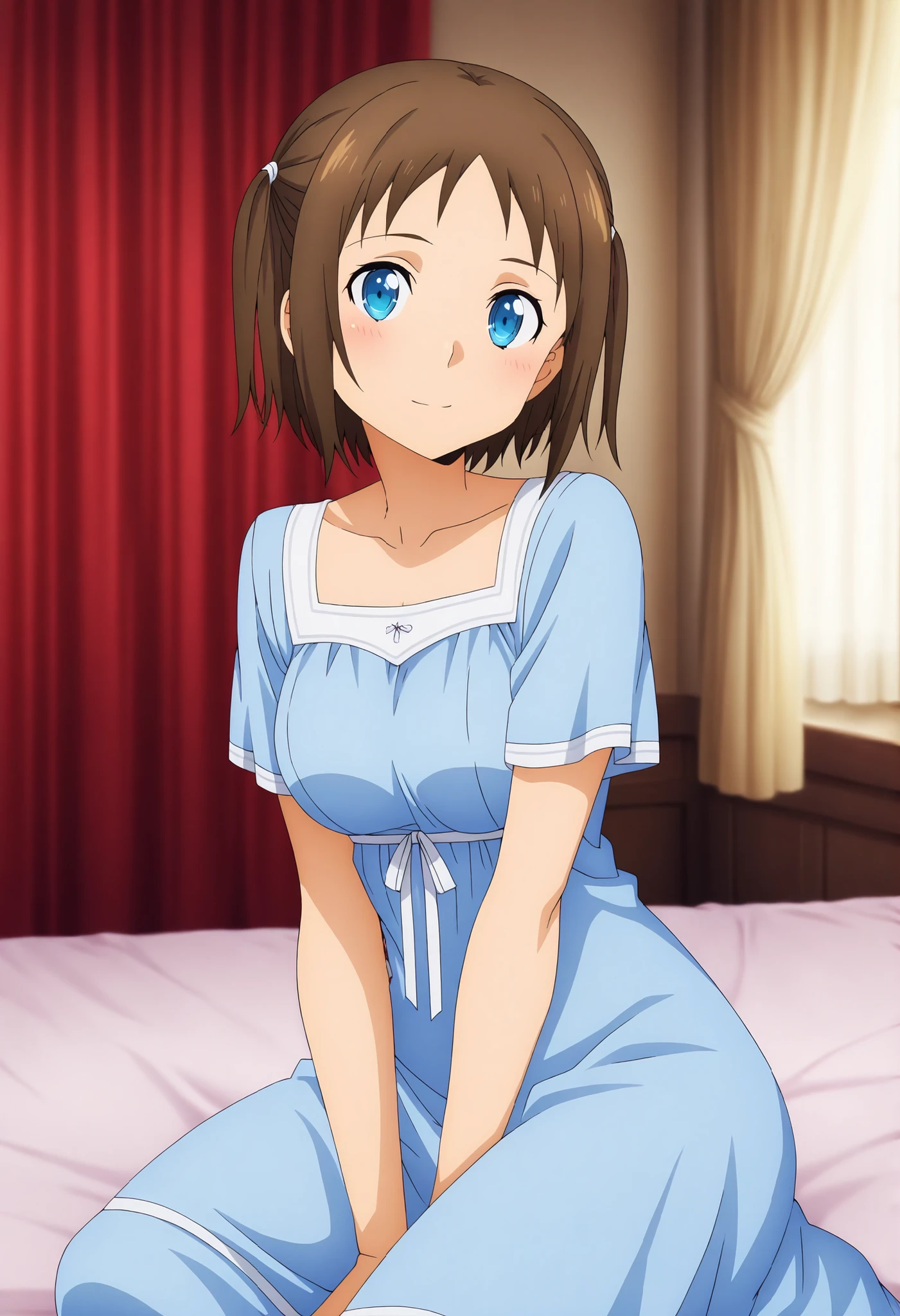 anime screencap, masterpiece, best quality,
1girl, solo, closed mouth, light smile, blush, head tilt,
two side up, short hair, brown hair, blue eyes,
blue nightgown, short sleeves, medium breasts, dress ribbon, white ribbon,
yokozuwari, looking at viewer,
medieval, on bed, curtains, photo background, blurry background
<lora:SwordArtOnline_RonyeArabel_IlluXL:0.9>