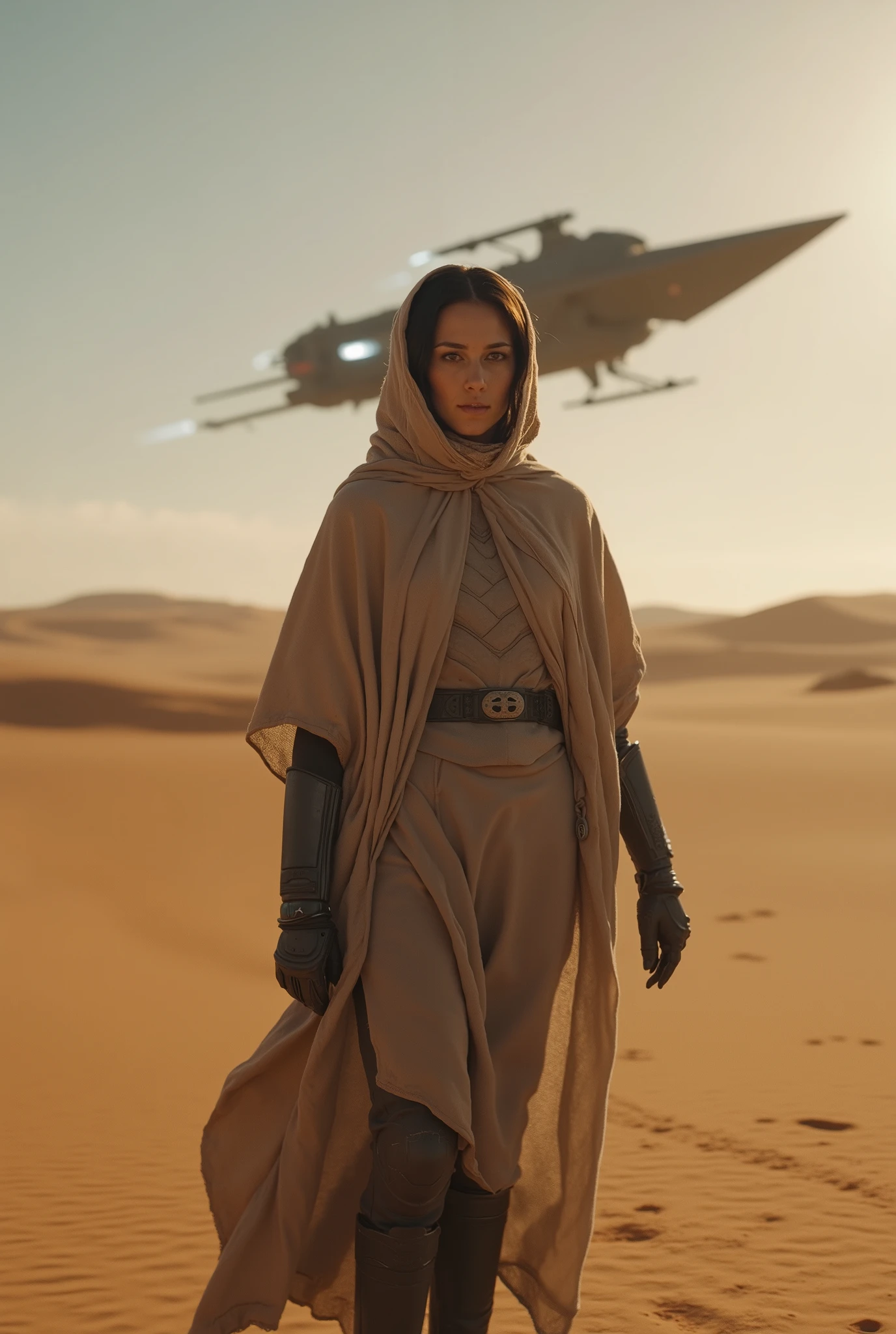 hyperrealistic photo(16K, 8K, Ultra HDR), masterpiece, best image quality, rich details, stunning scenery, depth of field, Optimal lighting, detailed background, Film grain, Scattered light, ray tracing, soft lighting:  in the center of the frame, a deserted nomad girl (in the style of the movie Dune), are wrapped in robes and rags developing in the wind,you can see her black hair peeking out from under her hood and being fluttered by the wind, on a dungeon in the middle of the endless desert, A desert storm is approaching in the distance,a light wind carries small grains of sand, scorching sun , ((behind her 100 meters and a large spacecraft flying 200 meters above the ground (Star Wars-style Destroyer)), incredibly high-quality epic photo, The girl in the foreground her expressive eyes,)) you can see two alien moons and the big blue and white sun,