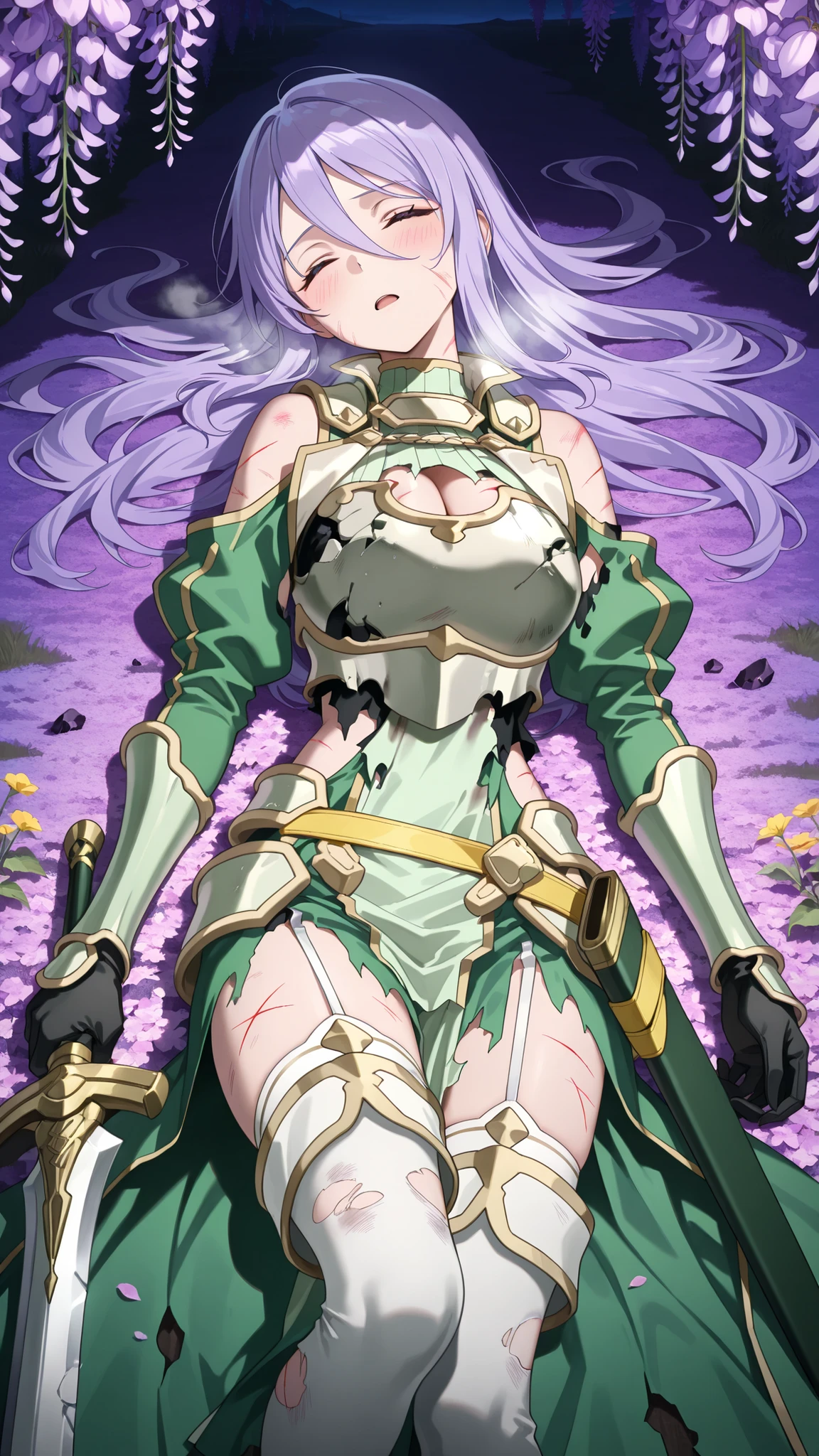 masterpiece,best quality,highre,ultra-detailed,detailed illustration,source_anime,1girl,solo,slender,Shizuru,purple hair, long hair,closed eyes,highly detailed eyes,hair between eyes,armored dress, green sleeves, breastplate, cleavage cutout, large breasts, shoulder cutout, green sleeves, long sleeves, bracer, black gloves, side cutout, faulds, yellow belt, scabbard, green skirt, pelvic curtain, garter straps, white thighhighs, thigh boots,outdoor,field of flowers,night,looking at viewer,wisteria,purple flower,yellow flower,pink flower,serious,wind blowing her hair,holding sword,open mouth,blush,lying,on back,on ground,arms at sides,(abrasion, scratches, grazed skin,linear wound, cuts:1.2),(broken breastplate,,shredded clothes,torn clothes:1.3),heavy breathing,unconscious,head tilt,