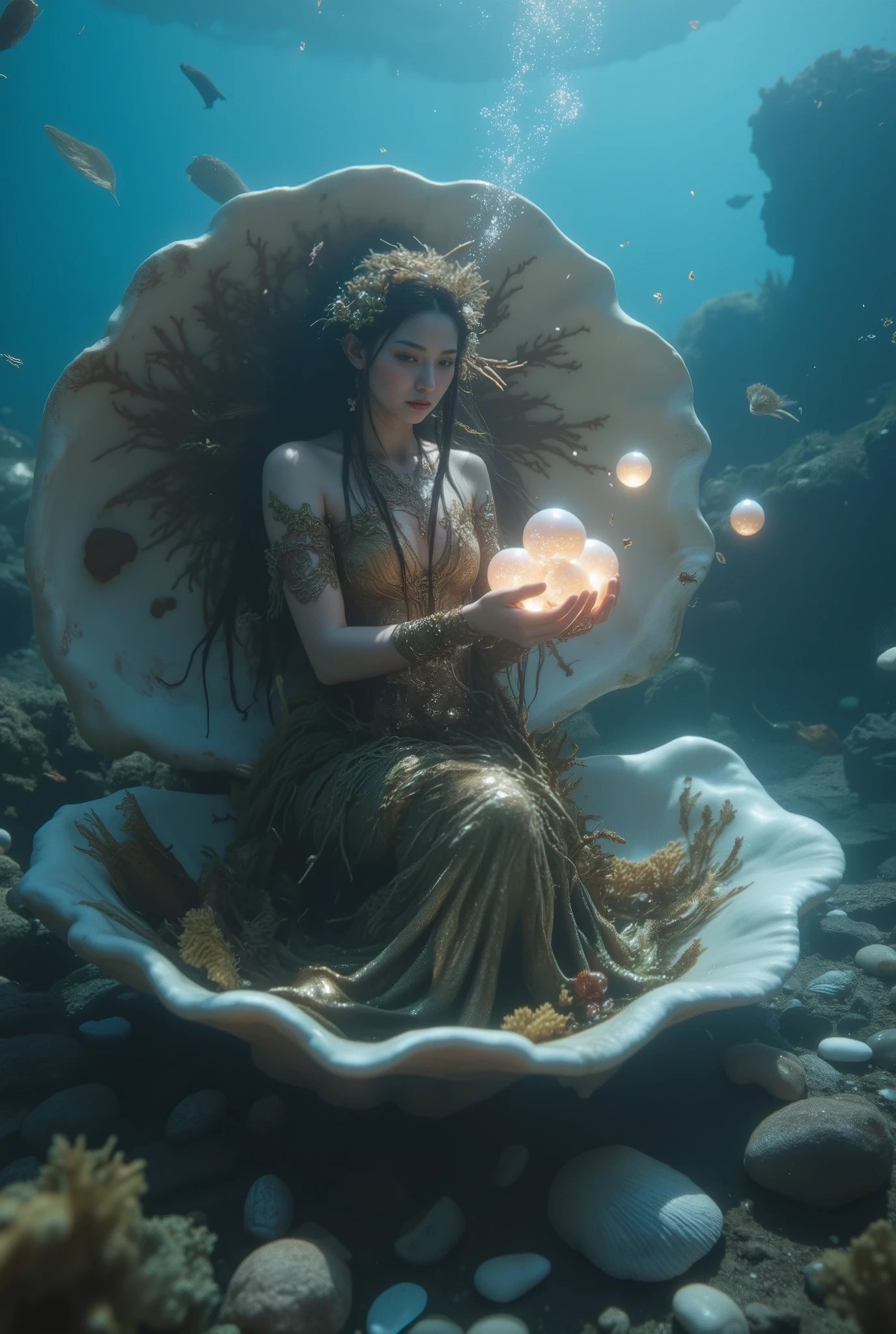 A mystical figure appears to emerge from a large, open shell, set against the backdrop of an underwater environment. This figure, seemingly a mermaid, is adorned in garments resembling seaweed and coral, blending seamlessly with the marine setting. The intricate details of her outfit suggest a natural, organic origin, with hues of brown and green that echo the ocean floor. Her long, flowing hair is interwoven with sea leaves and perhaps small marine creatures, adding to the enchanting vibe of the scene. The lighting is soft, with a bluish tint that illuminates the surroundings, giving a serene and otherworldly glow. In her outstretched hands, she holds a cluster of glowing orbs, casting a luminescent light onto her features and the scattered shells and pebbles beneath her. The overall composition is dreamlike, capturing a moment of tranquility and magic beneath the sea.