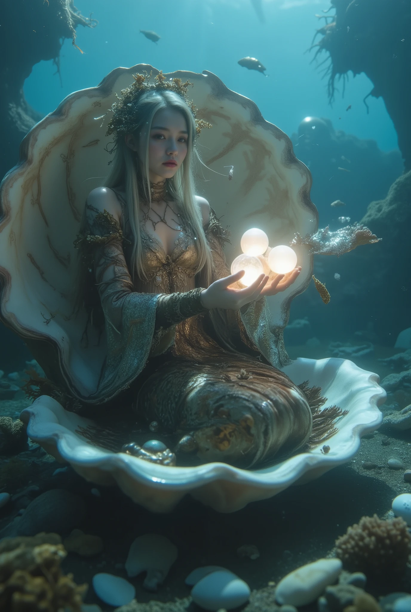 A mystical figure appears to emerge from a large, open shell, set against the backdrop of an underwater environment. This figure, seemingly a mermaid, is adorned in garments resembling seaweed and coral, blending seamlessly with the marine setting. The intricate details of her outfit suggest a natural, organic origin, with hues of brown and green that echo the ocean floor. Her long, flowing hair is interwoven with sea leaves and perhaps small marine creatures, adding to the enchanting vibe of the scene. The lighting is soft, with a bluish tint that illuminates the surroundings, giving a serene and otherworldly glow. In her outstretched hands, she holds a cluster of glowing orbs, casting a luminescent light onto her features and the scattered shells and pebbles beneath her. The overall composition is dreamlike, capturing a moment of tranquility and magic beneath the sea.