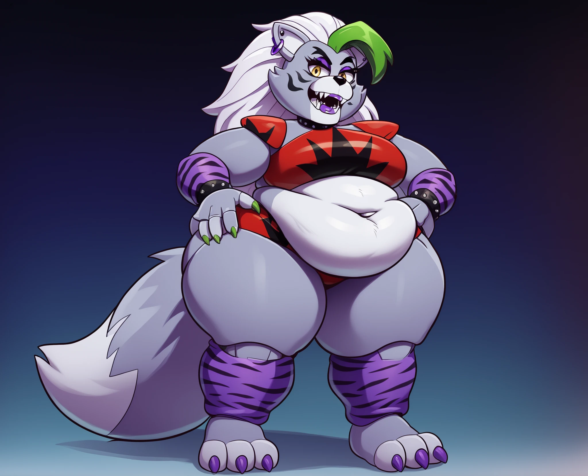 Roxanne Wolf from fnaf, Very sexy, cute, purple lip stick,  Paws, Paws claws, purple claws on feet ,green claws on hands, purple leg warmers leopard print, Masterpiece, UHD, thunder thighs, very fat arms,  wide hips, full body shot, curve, no thigh gap, bbw, big sharp teeth, double chin, fat butt, fat hanging gut, wide body, belt,,  gut,  T-shaped  belly  button, clean line work, eyes black pupils,,submissive,, short legs, 3 toes, intimidating expression, has huge giant breasts,  overweight, busty chest, night time, bedroom