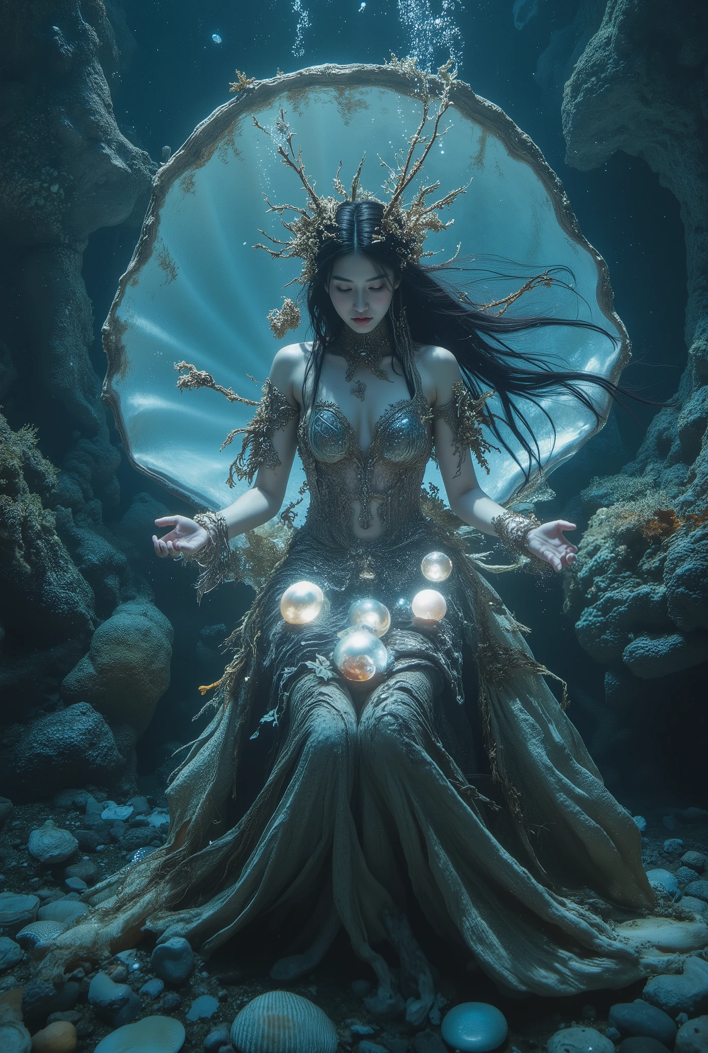 A mystical figure appears to emerge from a large, open shell, set against the backdrop of an underwater environment. This figure, seemingly a mermaid, is adorned in garments resembling seaweed and coral, blending seamlessly with the marine setting. The intricate details of her outfit suggest a natural, organic origin, with hues of brown and green that echo the ocean floor. Her long, flowing hair is interwoven with sea leaves and perhaps small marine creatures, adding to the enchanting vibe of the scene. The lighting is soft, with a bluish tint that illuminates the surroundings, giving a serene and otherworldly glow. In her outstretched hands, she holds a cluster of glowing orbs, casting a luminescent light onto her features and the scattered shells and pebbles beneath her. The overall composition is dreamlike, capturing a moment of tranquility and magic beneath the sea.