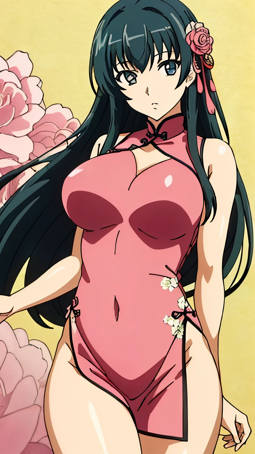 (masterpiece, best quality), high resolution, 8k:1.2), (anime coloring:1.2), highly detailed, beautiful eyes, perfect eyes, fine eyes, brown eyes, featuring big highlights, detailed face, highly detailed, fine eyes, symmetrical eyes, highly detailed, perfect face, beautiful eyes, perfect eyes, detailed face, highly detailed, symmetrical eyes, beautiful face, perfect body, beautiful body, beautiful , beautiful legs, (perfect hairstyle), kaede, 1 girl, solo, hair ribbon, black hair, long hair, bangs, (), ((expressionless)),((nffsw, China dress, pink clothes, lace, flowers pattern, thighs)), (cowboy shot:1.2), looking at the viewer, in the center of the image,