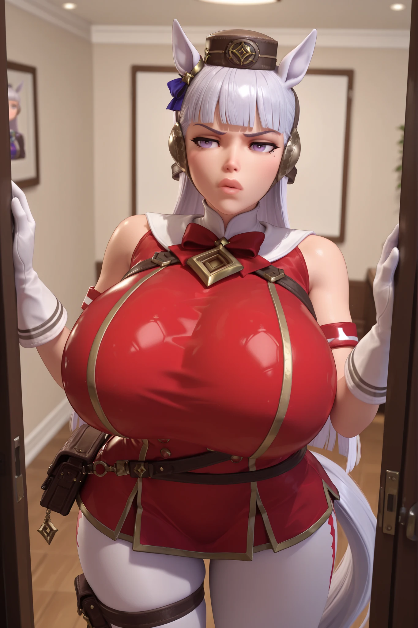 red dress, sleeveless dress, double-breasted, white gloves, white pantyhose, thigh strap, gsdef, purple eyes, grey hair, horse ears, blunt bangs, long hair, pillbox hat, horse tail,(masterpiece), best quality, extremely detailed), massive ass, (((gigantic breasts))), breast expansion, massive thighs, skinny waist, wide hips, big arms, (((huge lips))), annoyed, lidded eyes, facing viewer, bedroom background, cinematic angle, 3d style, cowboy shot, from above