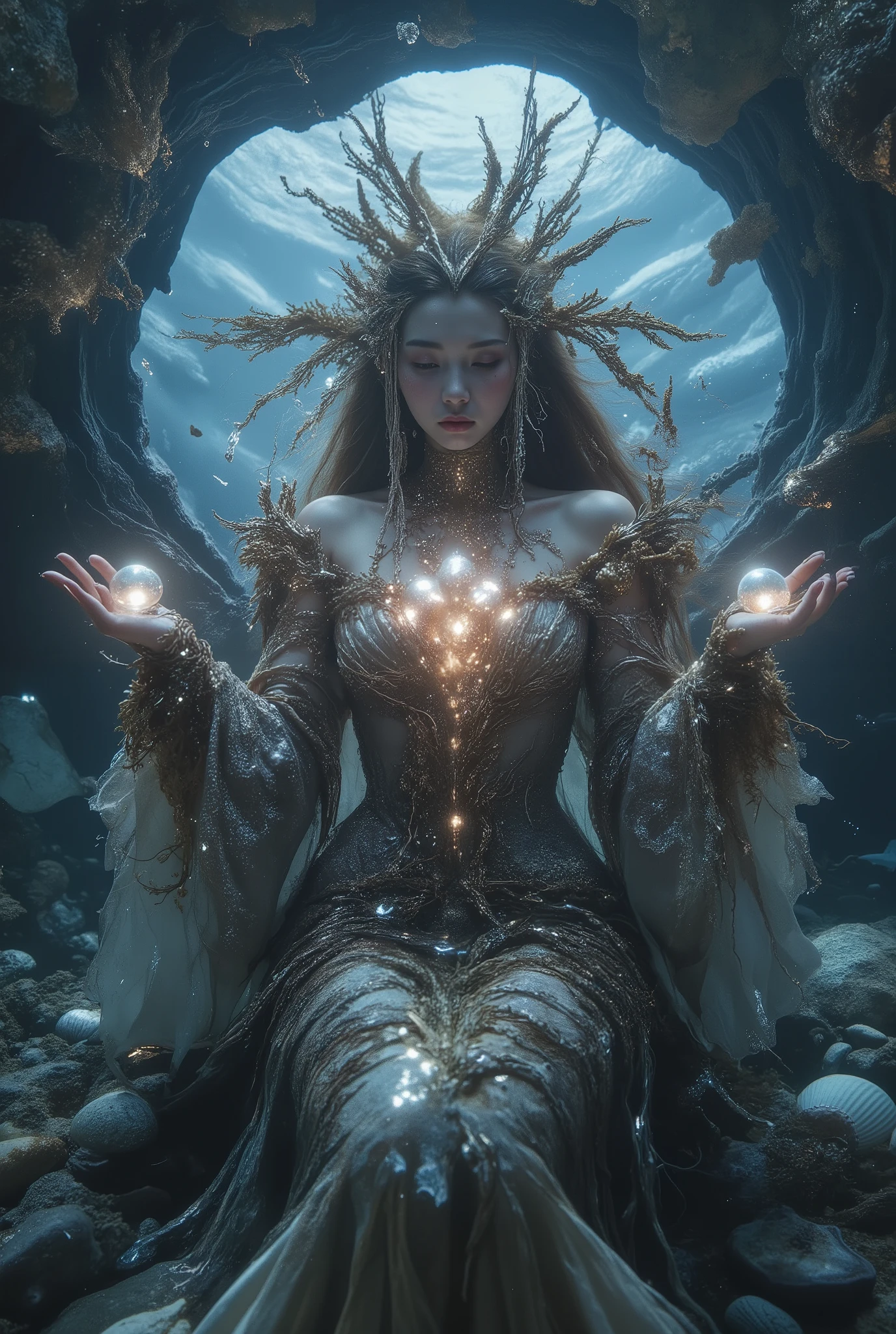 A mystical figure appears to emerge from a large, open shell, set against the backdrop of an underwater environment. This figure, seemingly a mermaid, is adorned in garments resembling seaweed and coral, blending seamlessly with the marine setting. The intricate details of her outfit suggest a natural, organic origin, with hues of brown and green that echo the ocean floor. Her long, flowing hair is interwoven with sea leaves and perhaps small marine creatures, adding to the enchanting vibe of the scene. The lighting is soft, with a bluish tint that illuminates the surroundings, giving a serene and otherworldly glow. In her outstretched hands, she holds a cluster of glowing orbs, casting a luminescent light onto her features and the scattered shells and pebbles beneath her. The overall composition is dreamlike, capturing a moment of tranquility and magic beneath the sea.