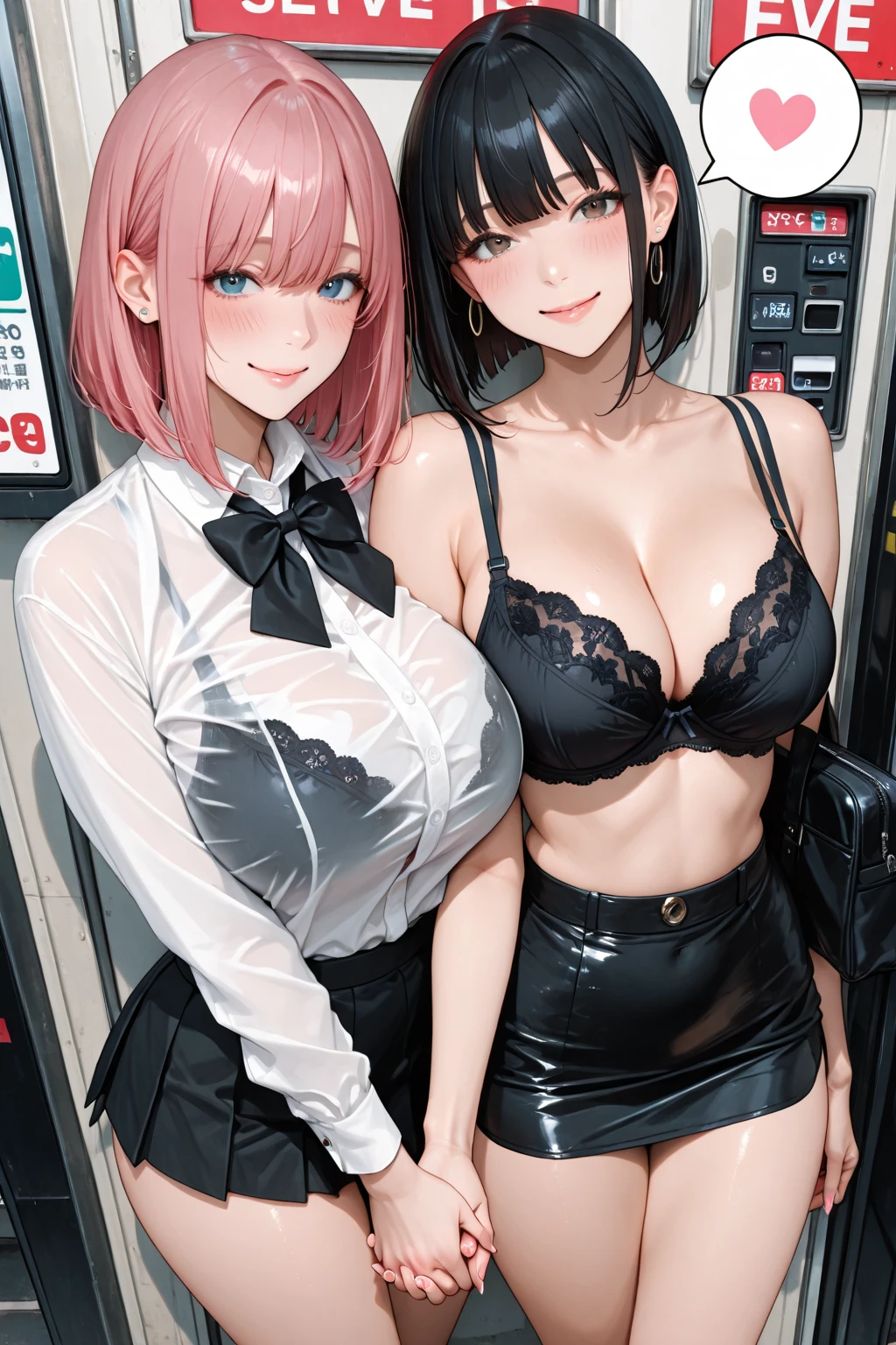 (Best quality, 8k, 32k, Masterpiece, UHD,:1.2),RAW, human, ((2girls)),ultra cute , ultra cute, natural lighting, shining eyes, 20yo,Medium breast ,femur, fair complexion , flushed face, ,breast, embarrassed, ,from Above , ultra cute, lace  and high-waisted ,Lace garter belt with sheer stockings, Cowboy shot, wedgie, Touching each other, shiny, near windows, Closeup, (pink or navy ), , short or medium hair,