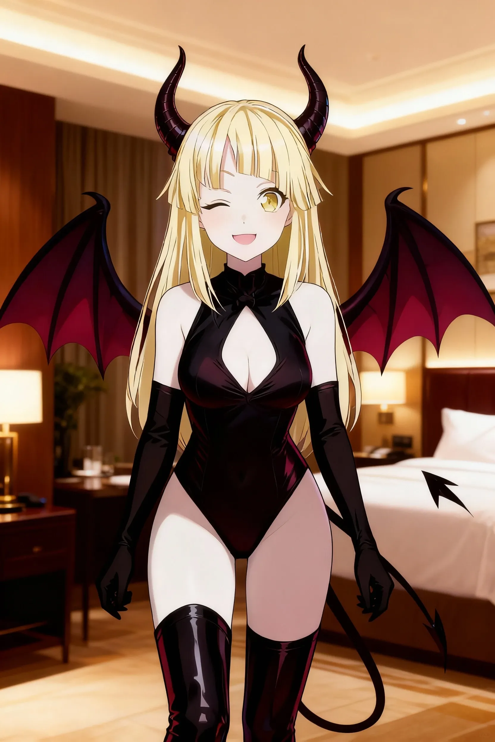 ((Highest quality)), ((masterpiece)), (detailed), （Perfect Face）、The woman is a beautiful, jet-black, great demon with jet-black skin, the evil queen Devil Tiare, with green eyes, blonde medium-long hair, a beautiful, jet-black , beautiful , a beautiful , an engagement ring, and luxurious accessories. She is an elegant, beautiful, great demon queen.、A beautiful, jet-black-skinned demon with magnificent devil horns, devil wings, and a devil tail.