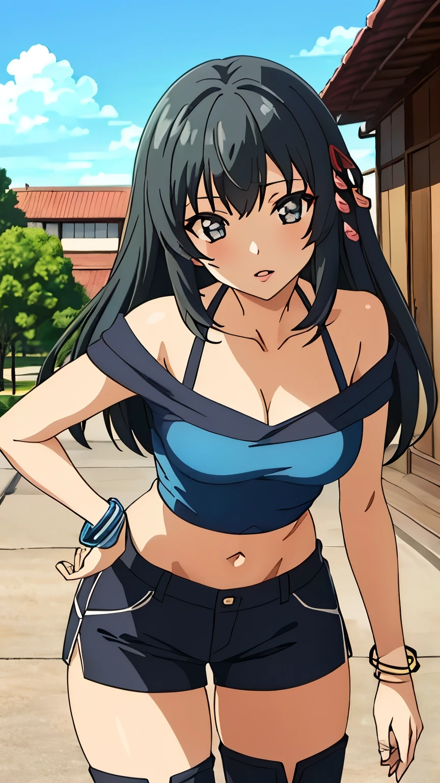 (masterpiece, best quality), high resolution, 8k:1.2), (anime coloring:1.2), highly detailed, beautiful eyes, perfect eyes, fine eyes, brown eyes, featuring big highlights, detailed face, highly detailed, fine eyes, symmetrical eyes, highly detailed, perfect face, beautiful eyes, perfect eyes, detailed face, highly detailed, symmetrical eyes, beautiful face, perfect body, beautiful body, beautiful , (perfect hairstyle), kaede, 1 girl, (18 years old), solo, hair ribbon, black hair, long hair, bangs, (), (gal makeup, false eyelashes, gradient eyeshadow), nffsw, (dynamic pose), (collarbone, navel, shorts, bracelet, jewelry, boots, gal fashion, colorful clothing), (japanese city, day, blue sky, natural lip, city:1.2), in the center of the image, neat atmosphere, (cowboy shot:1.3)