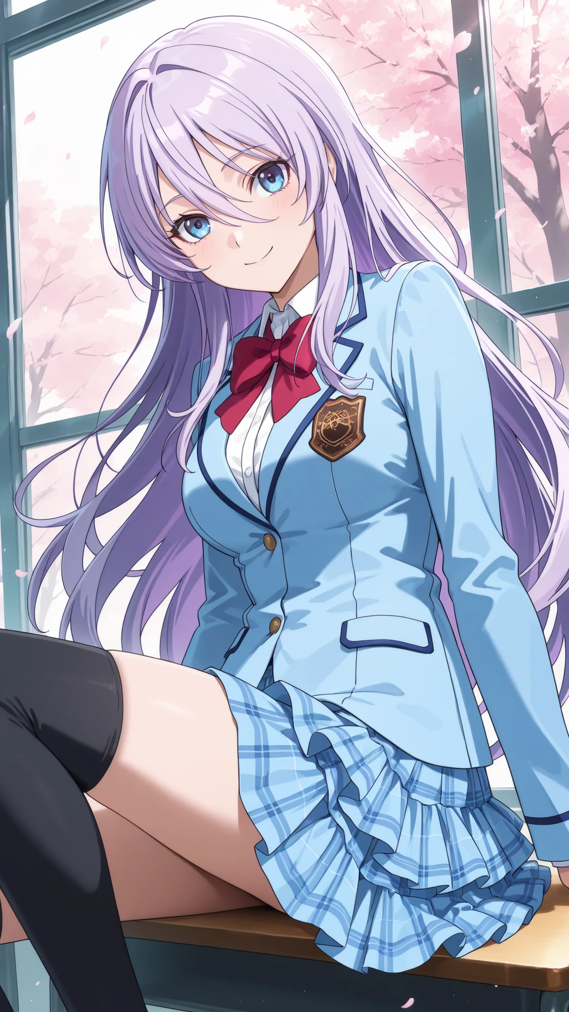 masterpiece,best quality,highre,ultra-detailed,detailed illustration,source_anime,1girl,solo,slender,Shizuru,purple hair, long hair,blue eyes,highly detailed eyes,hair between eyes,school uniform, blue blazer, red bowtie, blue skirt, layered skirt,black over kneehighs,smile,happy,arms at sides