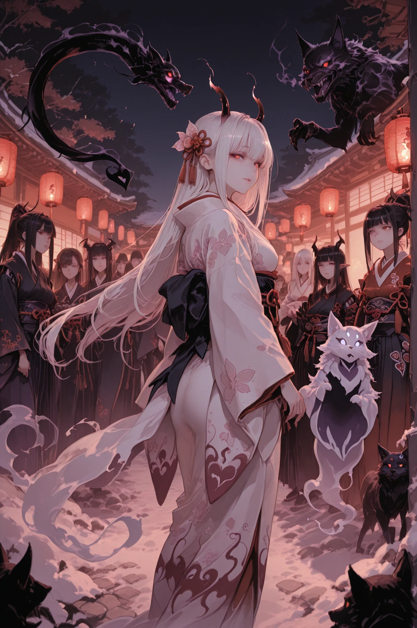 Highest Quality, Super Detailed, 8K Wallpaper, Procession of Yokai , Night town in the Edo period, red lantern light, Snow Maiden, Zashiki Warashi, Demon woman, Ushiki, Nurarihyon, Ghost cat, The Bewitching Fox , Old Torches, The heat of a summer night, winding paths, Japanese style architecture, moonlight, Dark Shadows, Light fog, tense atmosphere, Detailed Japanese-style design