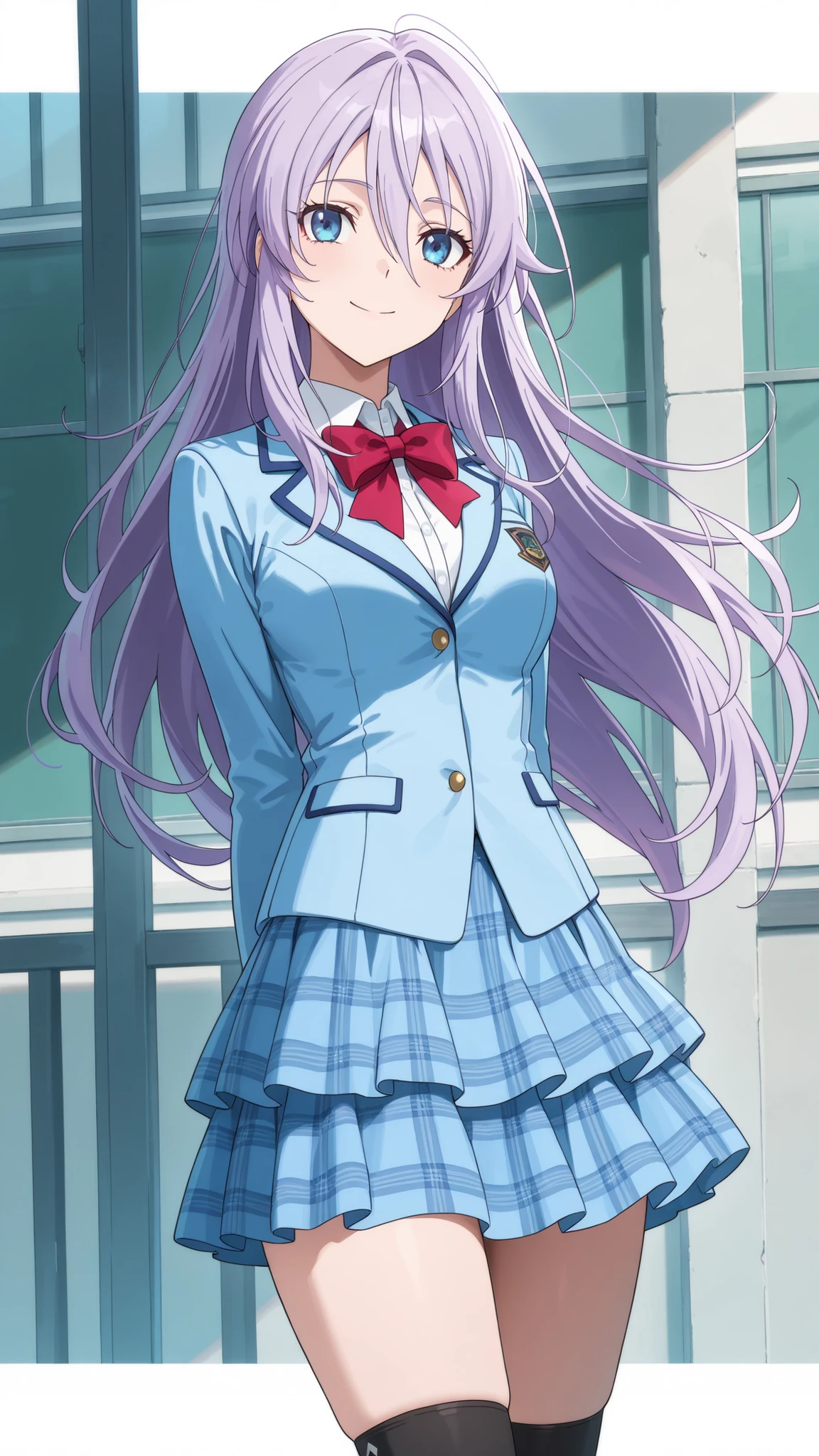 masterpiece,best quality,highre,ultra-detailed,detailed illustration,source_anime,1girl,solo,slender,Shizuru,purple hair, long hair,blue eyes,highly detailed eyes,hair between eyes,school uniform, blue blazer, red bowtie, blue skirt, layered skirt,black over kneehighs,smile,happy,arms behind back