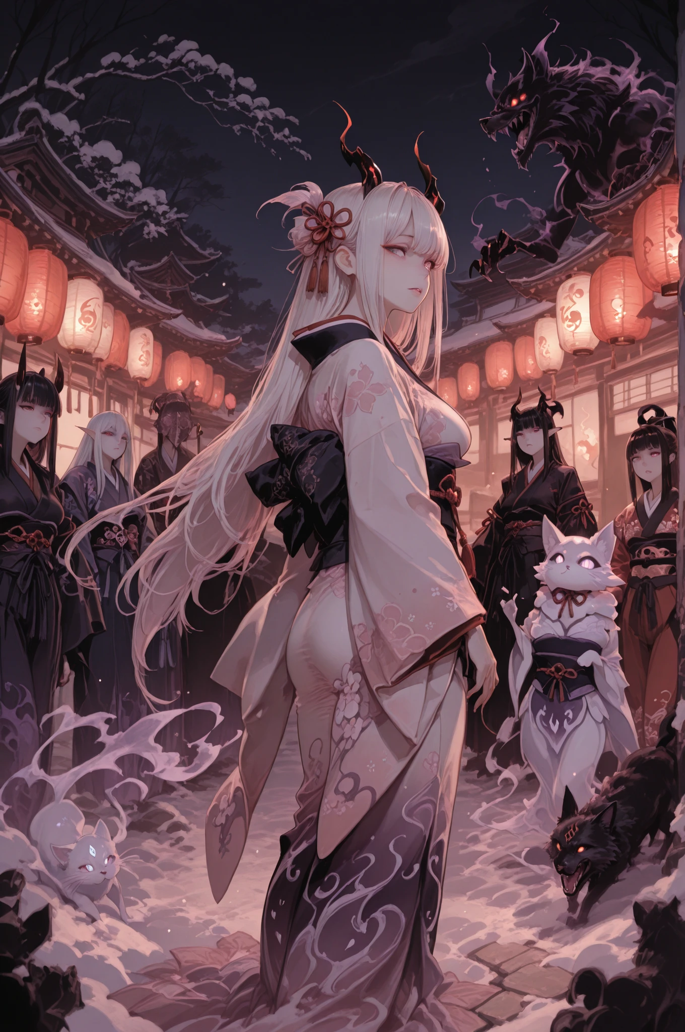 Highest Quality, Super Detailed, 8K Wallpaper, Procession of Yokai , Night town in the Edo period, red lantern light, Snow Maiden, Zashiki Warashi, Demon woman, Ushiki, Nurarihyon, Ghost cat, The Bewitching Fox , Old Torches, The heat of a summer night, winding paths, Japanese style architecture, moonlight, Dark Shadows, Light fog, tense atmosphere, Detailed Japanese-style design