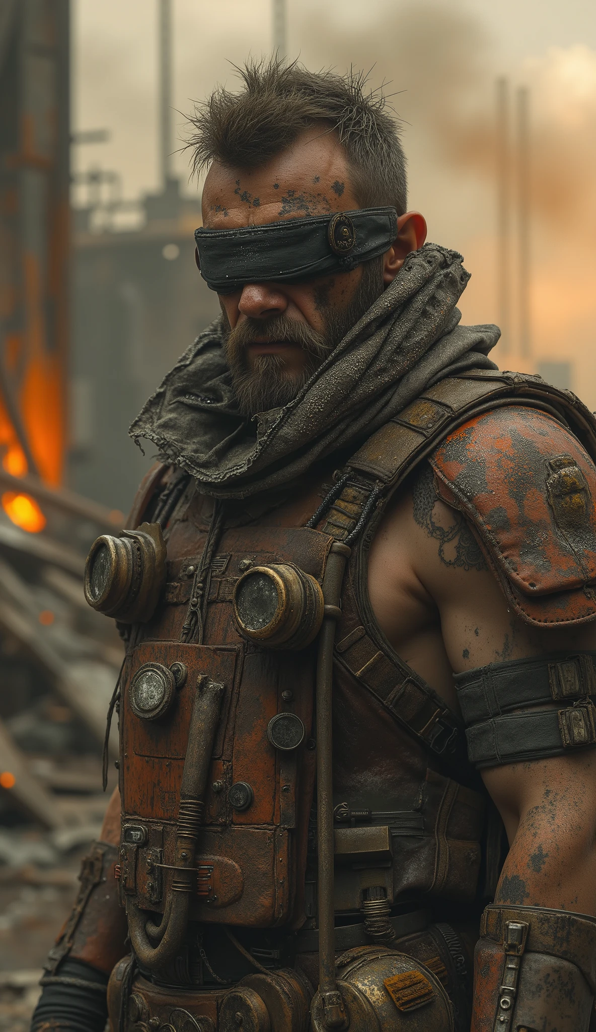 Full-body 3D realistic cinematic portrait of a futuristic steampunk antihero in a post-apocalyptic world. A rugged man with a dirty beard and scarred face wears a black blindfold hiding his eyes, his stance defiant and tense. His clothing is a mix of torn tactical leather and rusted metal armor plates, covered with dust, soot, and traces of oil. Tubes, gears, and brass details adorn his outfit like relics of a forgotten machine age. The environment is filled with drifting dust and burning embers, ruined steel structures, and orange twilight filtering through toxic smoke. Style: hyper-realistic 128K HDR lighting, ultra-detailed steampunk textures, cinematic depth of field, dusty atmosphere, rust and decay aesthetic, dark post-apocalyptic tone, masterpiece composition.
💬 “He sees through the darkness — not with eyes, but with scars and instinct.”