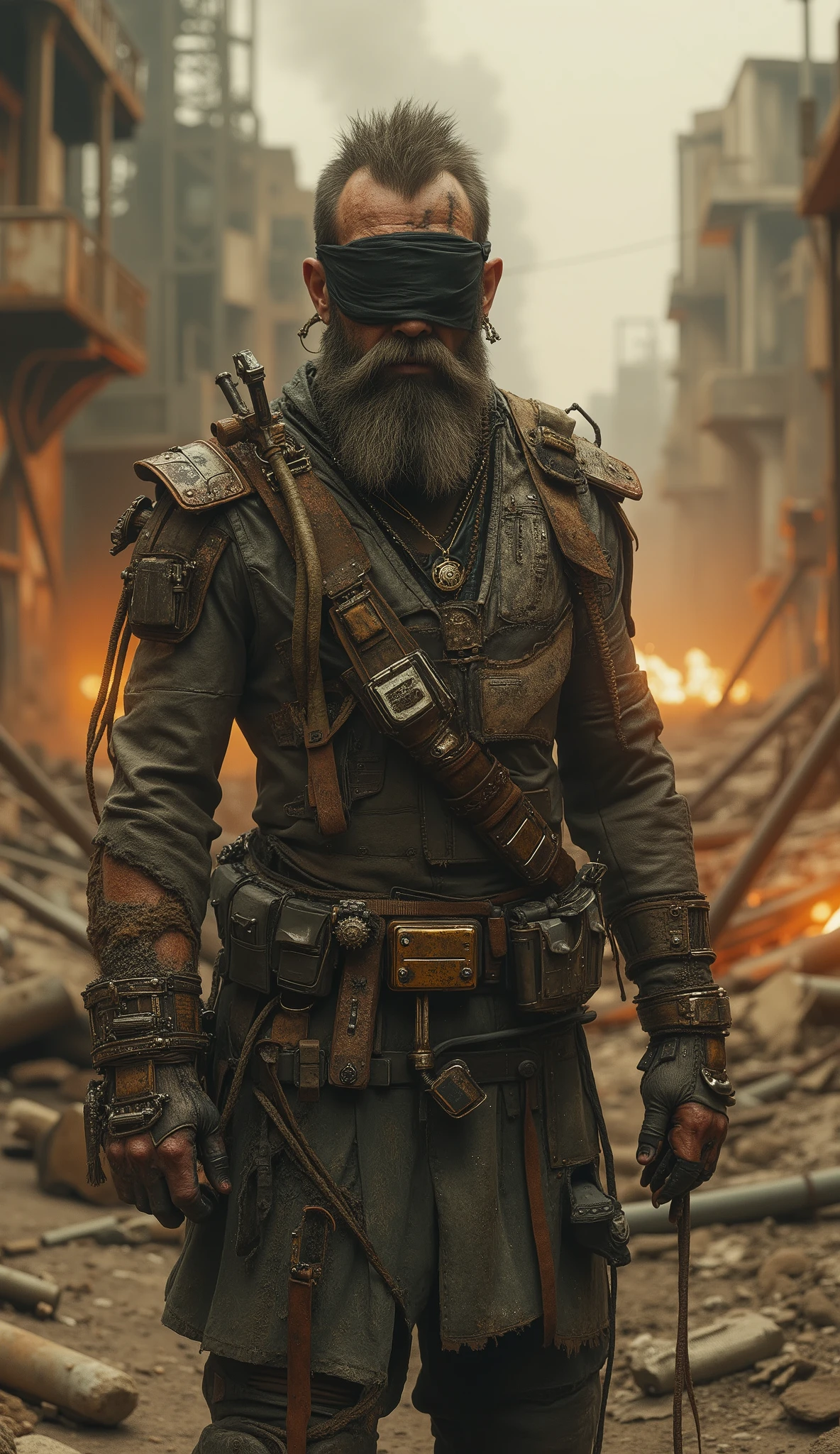 Full-body 3D realistic cinematic portrait of a futuristic steampunk antihero in a post-apocalyptic world. A rugged man with a dirty beard and scarred face wears a black blindfold hiding his eyes, his stance defiant and tense. His clothing is a mix of torn tactical leather and rusted metal armor plates, covered with dust, soot, and traces of oil. Tubes, gears, and brass details adorn his outfit like relics of a forgotten machine age. The environment is filled with drifting dust and burning embers, ruined steel structures, and orange twilight filtering through toxic smoke. Style: hyper-realistic 128K HDR lighting, ultra-detailed steampunk textures, cinematic depth of field, dusty atmosphere, rust and decay aesthetic, dark post-apocalyptic tone, masterpiece composition.
💬 “He sees through the darkness — not with eyes, but with scars and instinct.”
