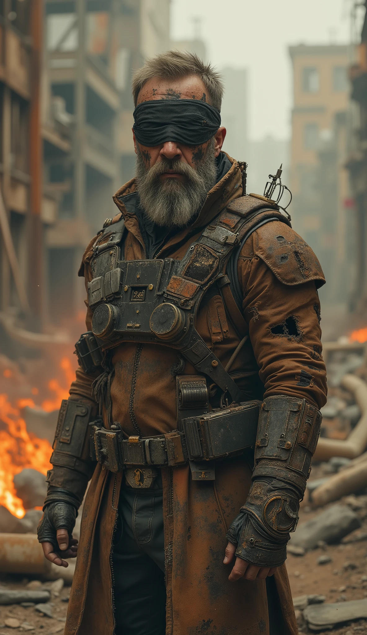 Full-body 3D realistic cinematic portrait of a futuristic steampunk antihero in a post-apocalyptic world. A rugged man with a dirty beard and scarred face wears a black blindfold hiding his eyes, his stance defiant and tense. His clothing is a mix of torn tactical leather and rusted metal armor plates, covered with dust, soot, and traces of oil. Tubes, gears, and brass details adorn his outfit like relics of a forgotten machine age. The environment is filled with drifting dust and burning embers, ruined steel structures, and orange twilight filtering through toxic smoke. Style: hyper-realistic 128K HDR lighting, ultra-detailed steampunk textures, cinematic depth of field, dusty atmosphere, rust and decay aesthetic, dark post-apocalyptic tone, masterpiece composition.
💬 “He sees through the darkness — not with eyes, but with scars and instinct.”