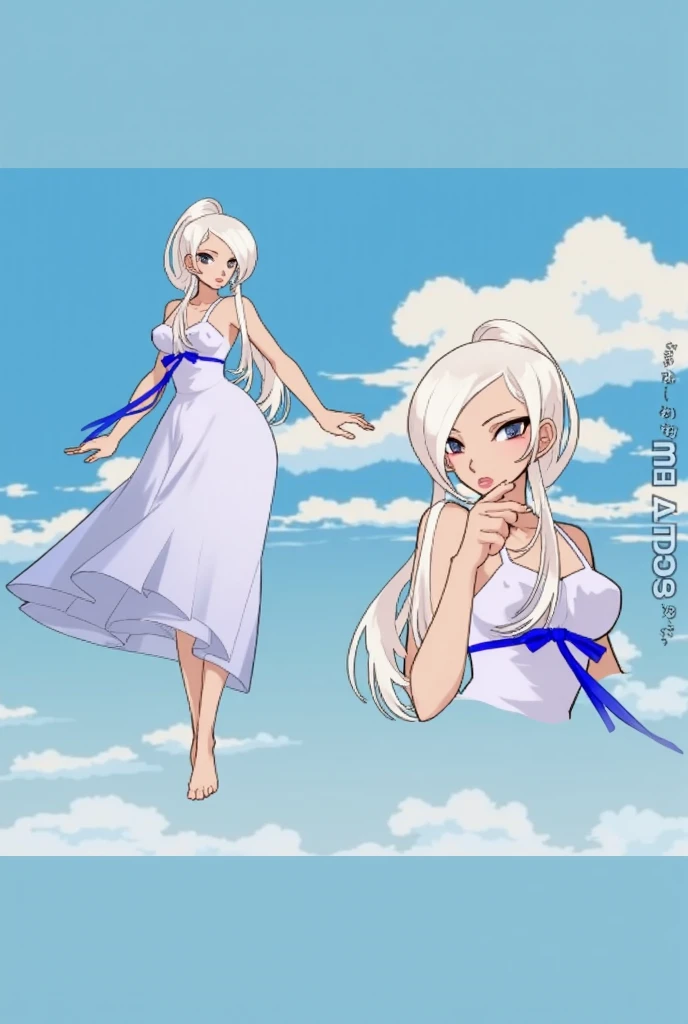 Woman (45 years old), platinum white wavy hair, blue eyes, wearing polka dot sun dress, smiling in a sunny day