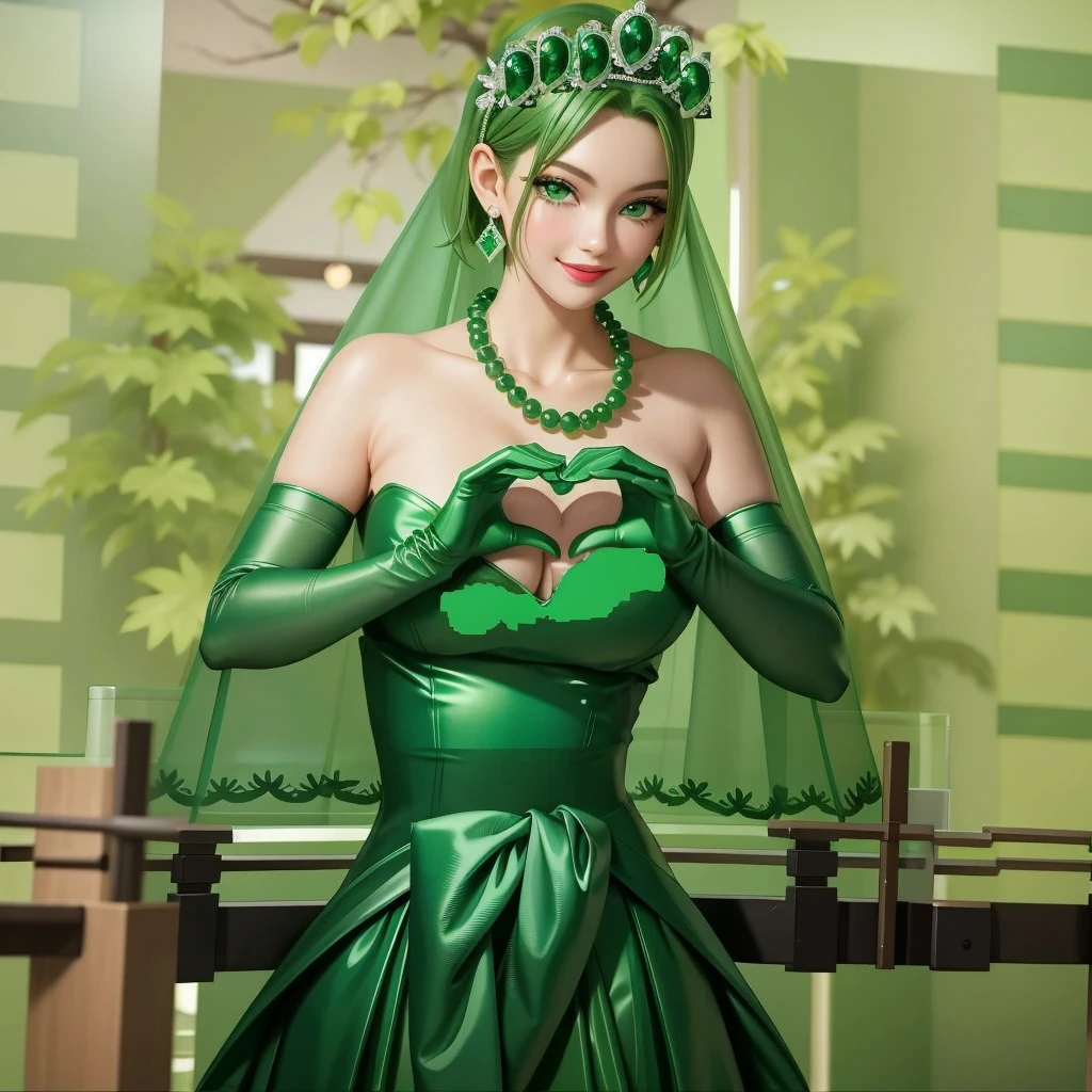 emerald tiara, Green Pearl Necklace, Boyish very short green hair, Green Lips, Smiling Japanese woman, Very short hair, Busty beautiful lady, Green Eyes, Green satin long gloves, Green Eyes, Emerald Earrings, Green veil, Heart with both hands, Green Hair, Beautiful Japanese Woman, Heart shaped hands:1.3, green lip gloss
