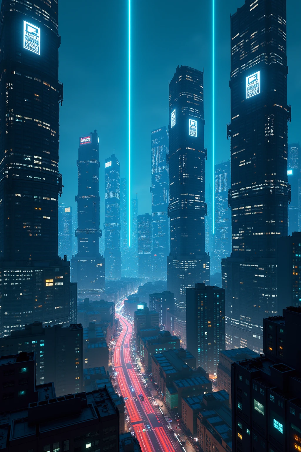 Future city night view，High-rise buildings surrounded by data beams，Technological exterior，Hologram projection advertising，Cyberpunk style lighting，Futuristic architectural design，Technological urban atmosphere