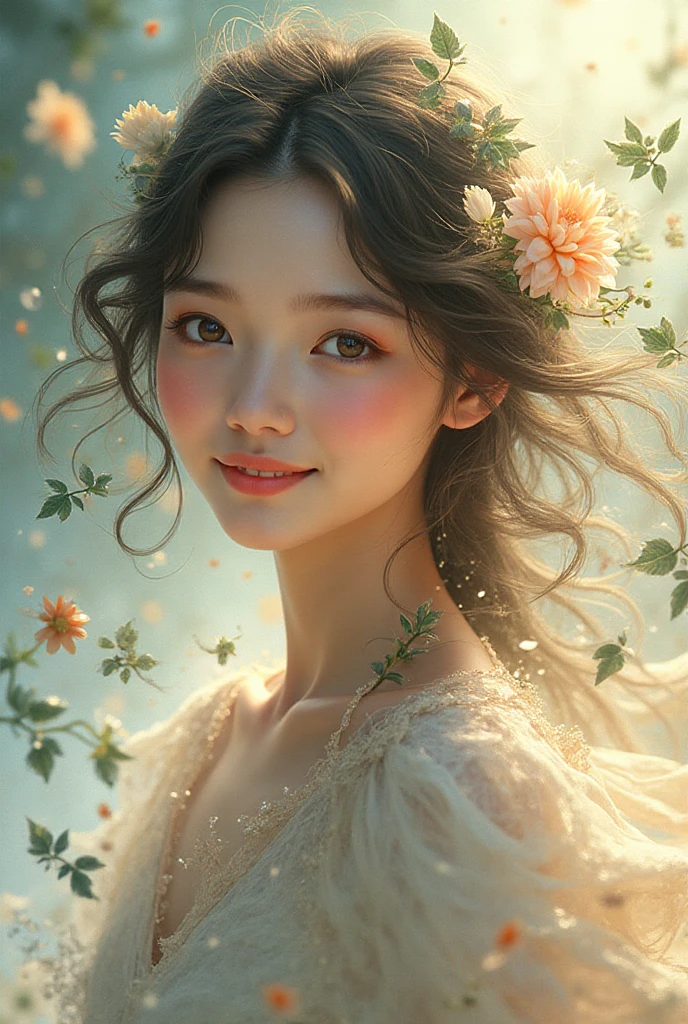 30 generations、Japanese beauty、kind face、smiling face、beautiful eyes、slightly bigger 、Dress is casual、masterpiece, highest quality, (Highly detailed CG Unity 8K wallpaper) (highest quality), (best illustrations), (best shadows) nature', garden,Delicate leaf petals fall into the air rays Tracking, Super detailed - V6