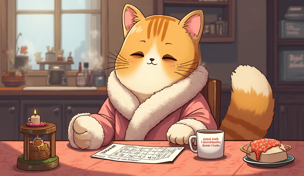 A cute cat with round eyes,read the newspaper, Sunlight outside the window、Spammermask on a desk