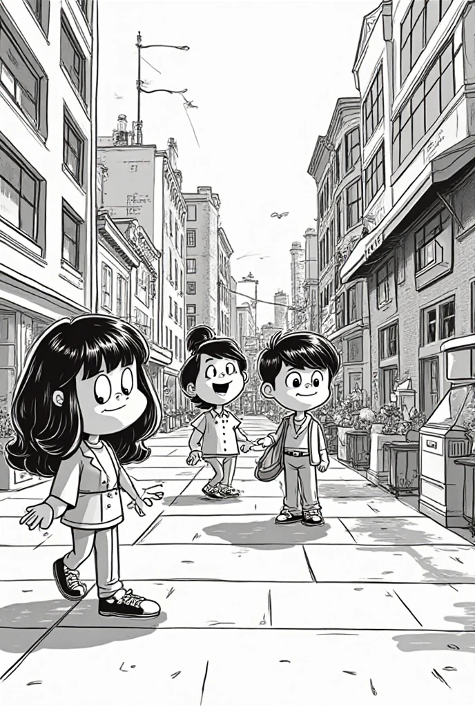 a drawing of a family of three with a woman and a boy, inspired by Rumiko Takahashi, bold lineart, in the art style of 8 0 s anime, clean coloring book page, in japanese anime style, inspired by Eiichiro Oda, intense line art, 90s anime style, 9 0 s anime style, in the style of akira