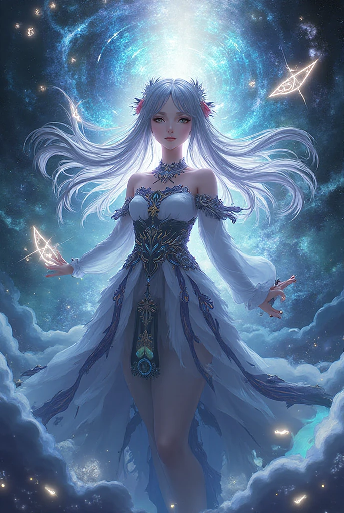 (Highest quality, 8K, CG), Beautiful and exquisite upper body, Delicate face,purplish-silver hair,Wavy Hair, Fluffy long hair,Gradient Hair, Waist-length hair,Wearing a circlet, Purple eyes, Almond Eye, Exquisite eye makeup, 長さ eyelashes fluttering, Starry Sky, Delicate lip detail, Soft and harmonious style, shoulders, bracelet,gem,Suspended particles,romantic,grace,Elegance and fragility、Glamour