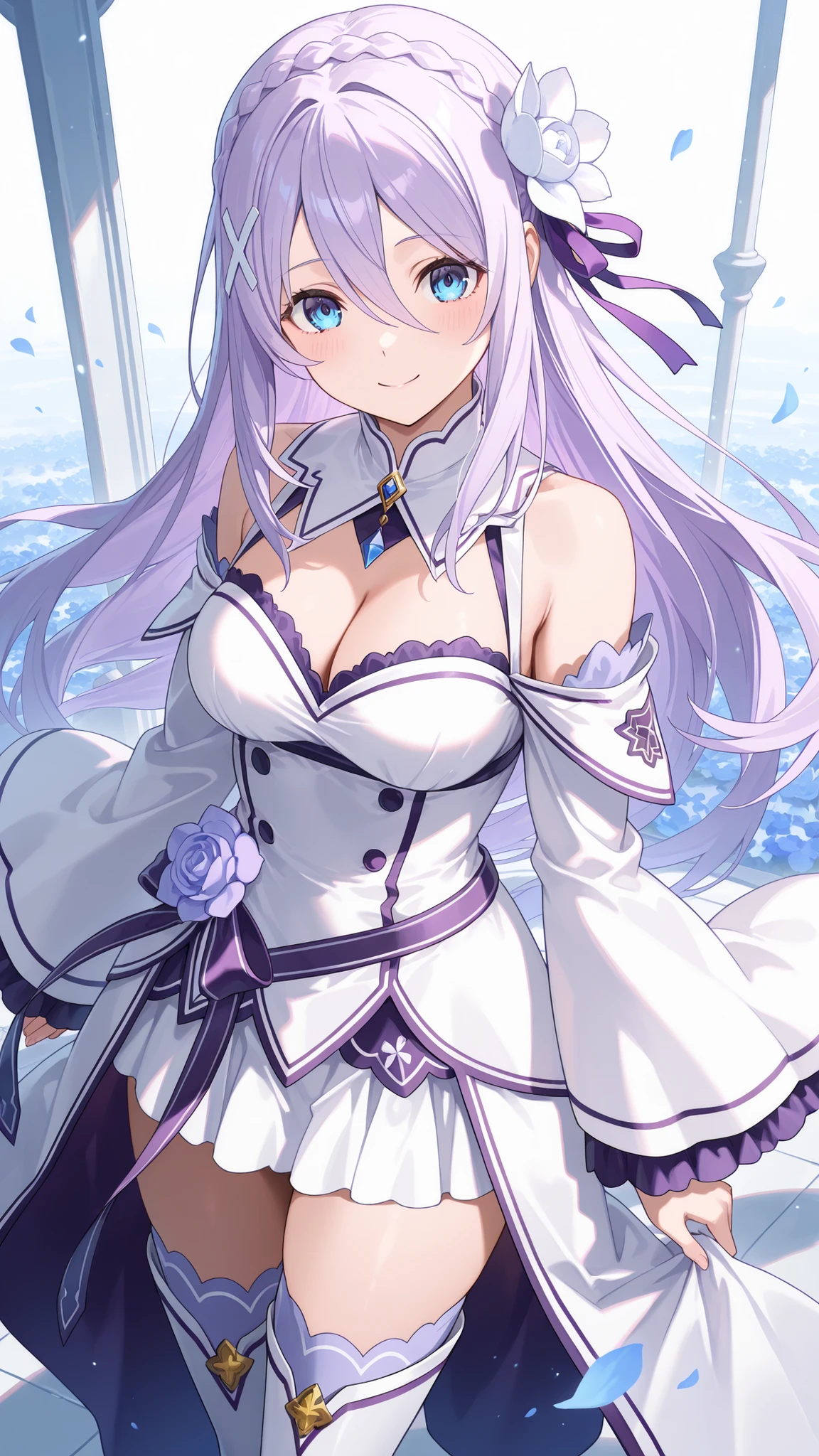 masterpiece,best quality,highre,ultra-detailed,detailed illustration,source_anime,1girl,solo,slender,Shizuru,purple hair, long hair,blue eyes,highly detailed eyes,hair between eyes,crown braid, hair flower, hair ribbon, purple ribbon, x hair ornament,white dress, cleavage, bare shoulders, wide sleeves, white thighhighs, thigh boots,smile,happy,