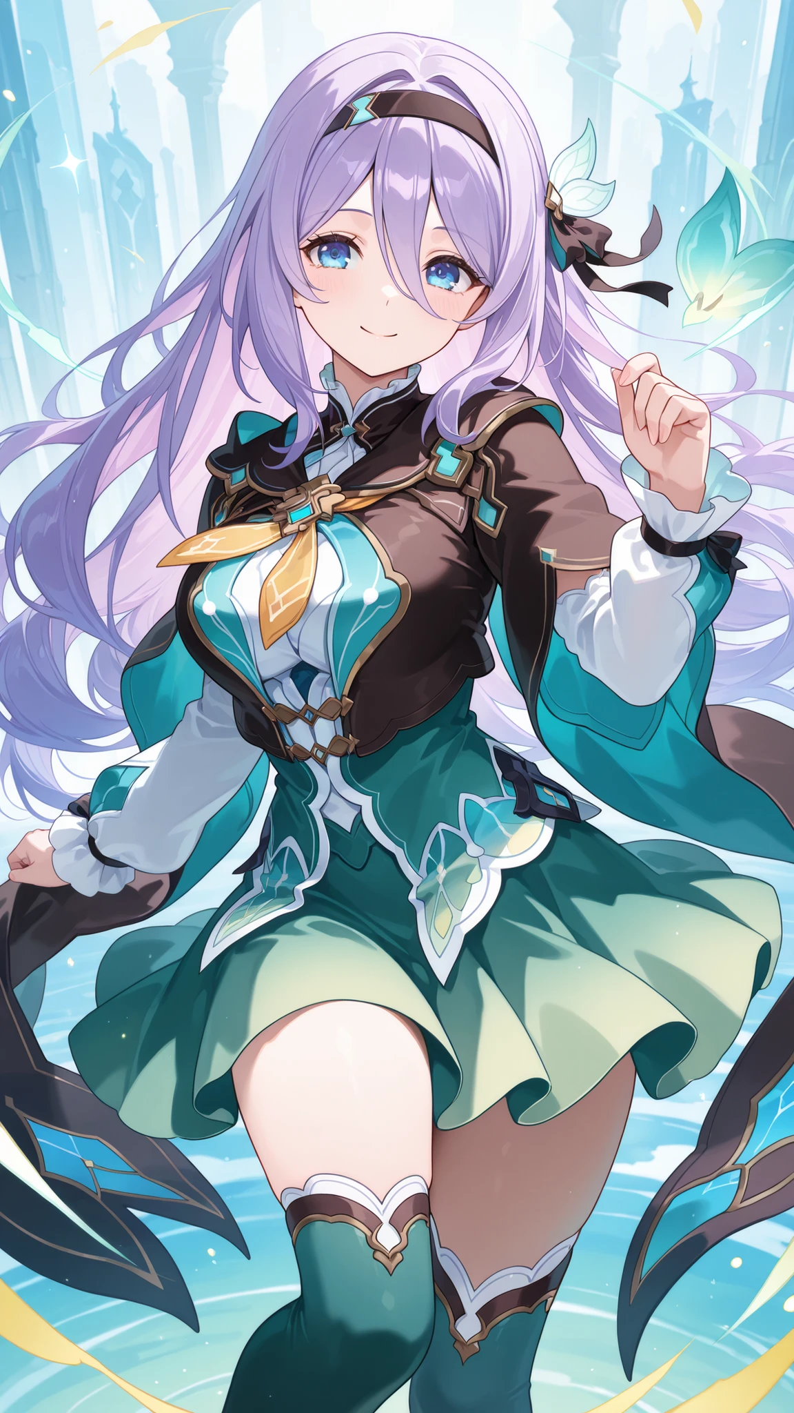 masterpiece,best quality,highre,ultra-detailed,detailed illustration,source_anime,1girl,solo,slender,Shizuru,purple hair, long hair,blue eyes,highly detailed eyes,hair between eyes,black hairband, hair ornament, hair ribbon, breasts, black cape, dress, long sleeves, green skirt,green over kneehighs,smile,happy,