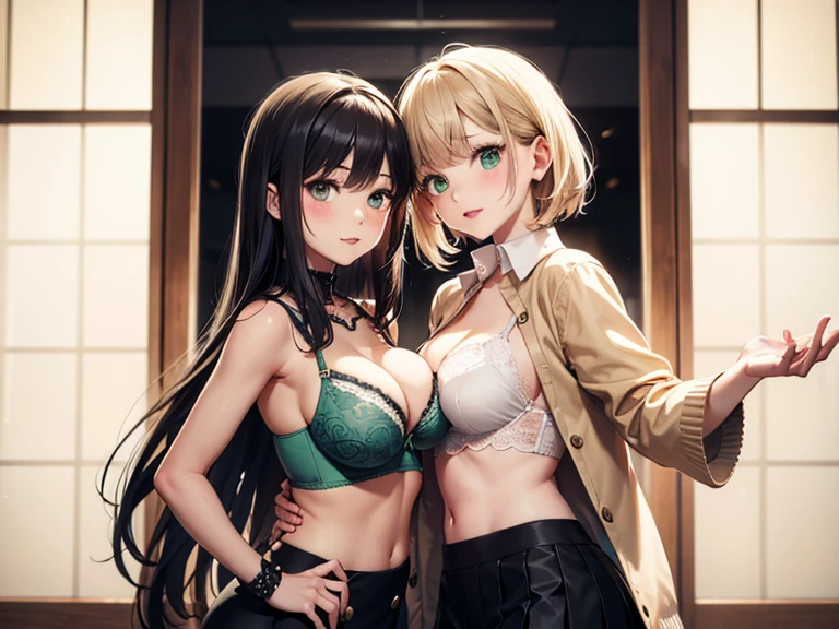 bangs, loli body, 14 year old girl, crop top, blonde hairstyles,  cleavage, mouth, round , smiling, tight, Ultra -HD | |, 4k image, glasses, character near the camera,  pose, micro skirt, perfect hands