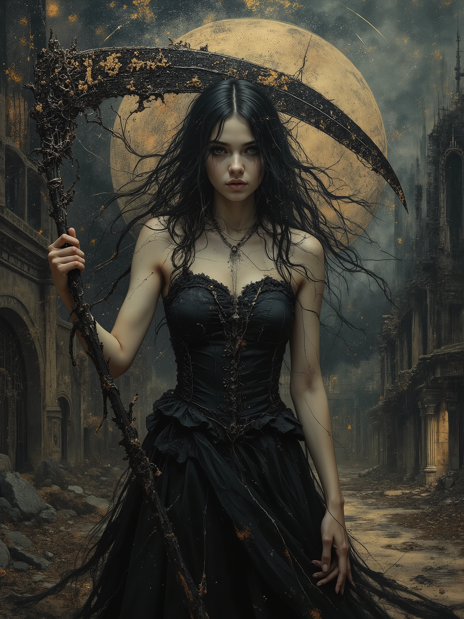 a dark-haired woman in a black dress, the most beautiful female death in the world, holding a scythe with the letters "eaa" engraved on it in spidery script, faded dark fantasy spirit realm behind her with gothic ruins and black skies, gothic, dramatic lighting, cinematic, detailed portrait, chiaroscuro, dramatic pose, intricate clothing folds, muted colors, moody atmosphere, highly detailed, photorealistic, 8k, masterpiece, neon colored, (oil painting,digital painting,masterpiece:1.2),photorealistic,8k,detailed,vivid,dynamic composition (dark and gloomy abstract painting),(dark colors,moody,ominous,mysterious,enigmatic:1.2),(abstract,surreal,avant-garde,conceptual art:1.1),organic shapes,textured brush strokes,dark tones,high contrast,emotive,evocative,atmospheric,cinematic.