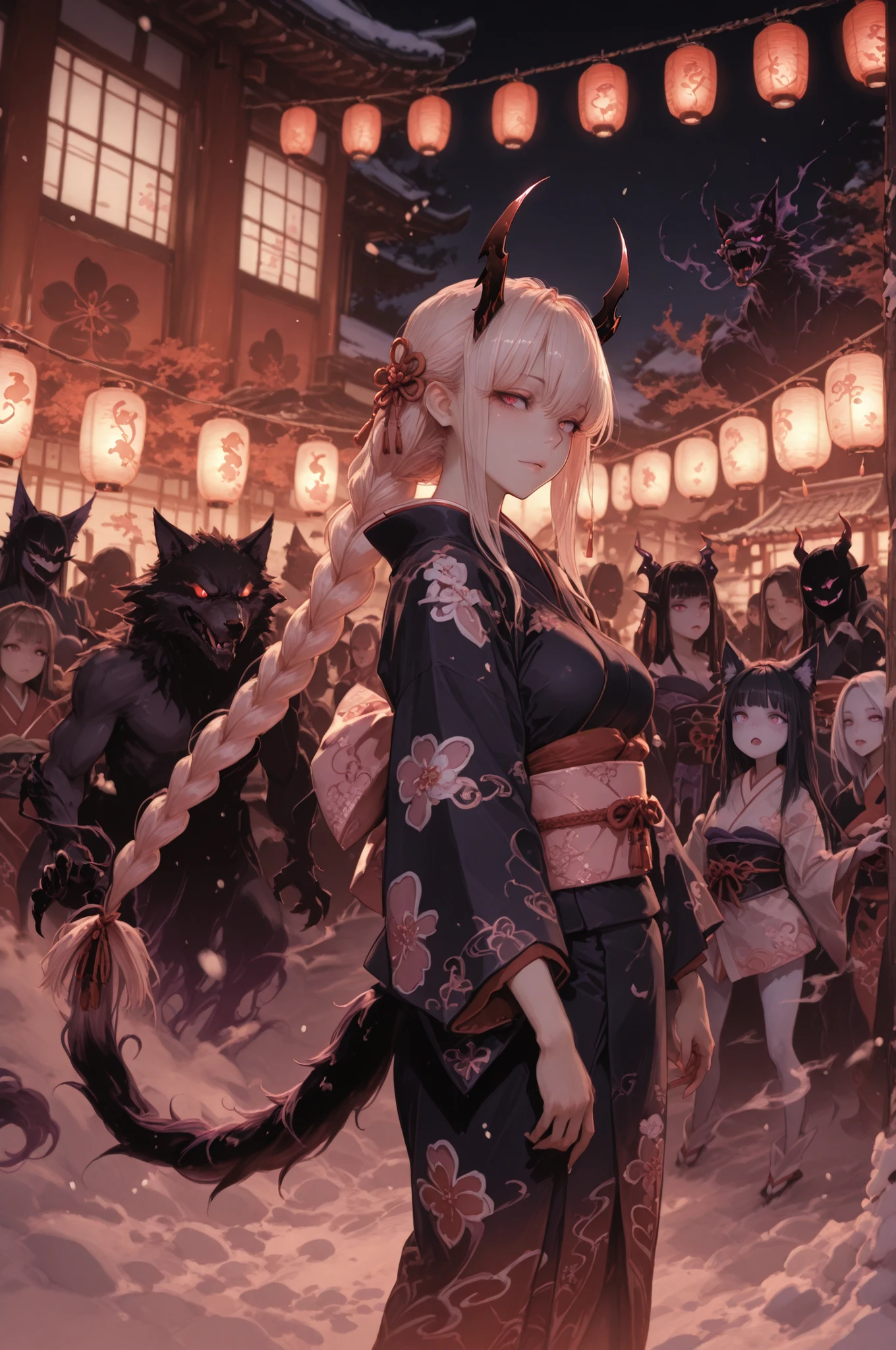 Highest Quality, Super Detailed, 8K Wallpaper, Procession of Yokai , Night town in the Edo period, red lantern light, Snow Maiden, Zashiki Warashi, Demon woman, Ushiki, Nurarihyon, Ghost cat, The Bewitching Fox , Old Torches, The heat of a summer night, winding paths, Japanese style architecture, moonlight, Dark Shadows, Light fog, tense atmosphere, Detailed Japanese-style design