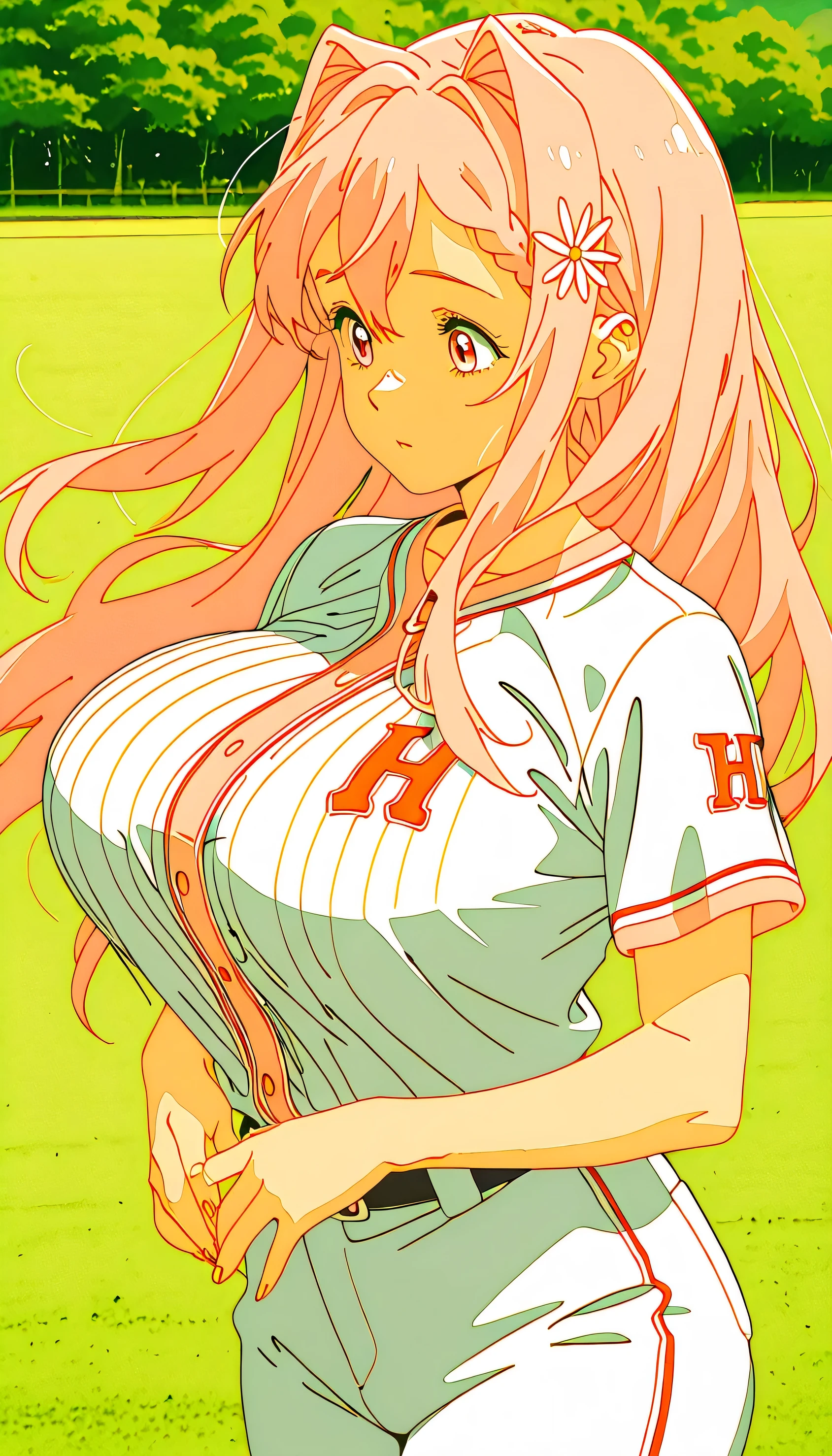 Professional baseball player ，woman，mkhekareno, high saturation ，CG Art，pure, concept art , Lofi Art style，, Lofi Art, beautiful anime scene, Anime Landscape, big breasts in okunai,Bouncing Breasts, pink hair, solo, long hair, hair intakes, braid, hair flower, pink eyes,