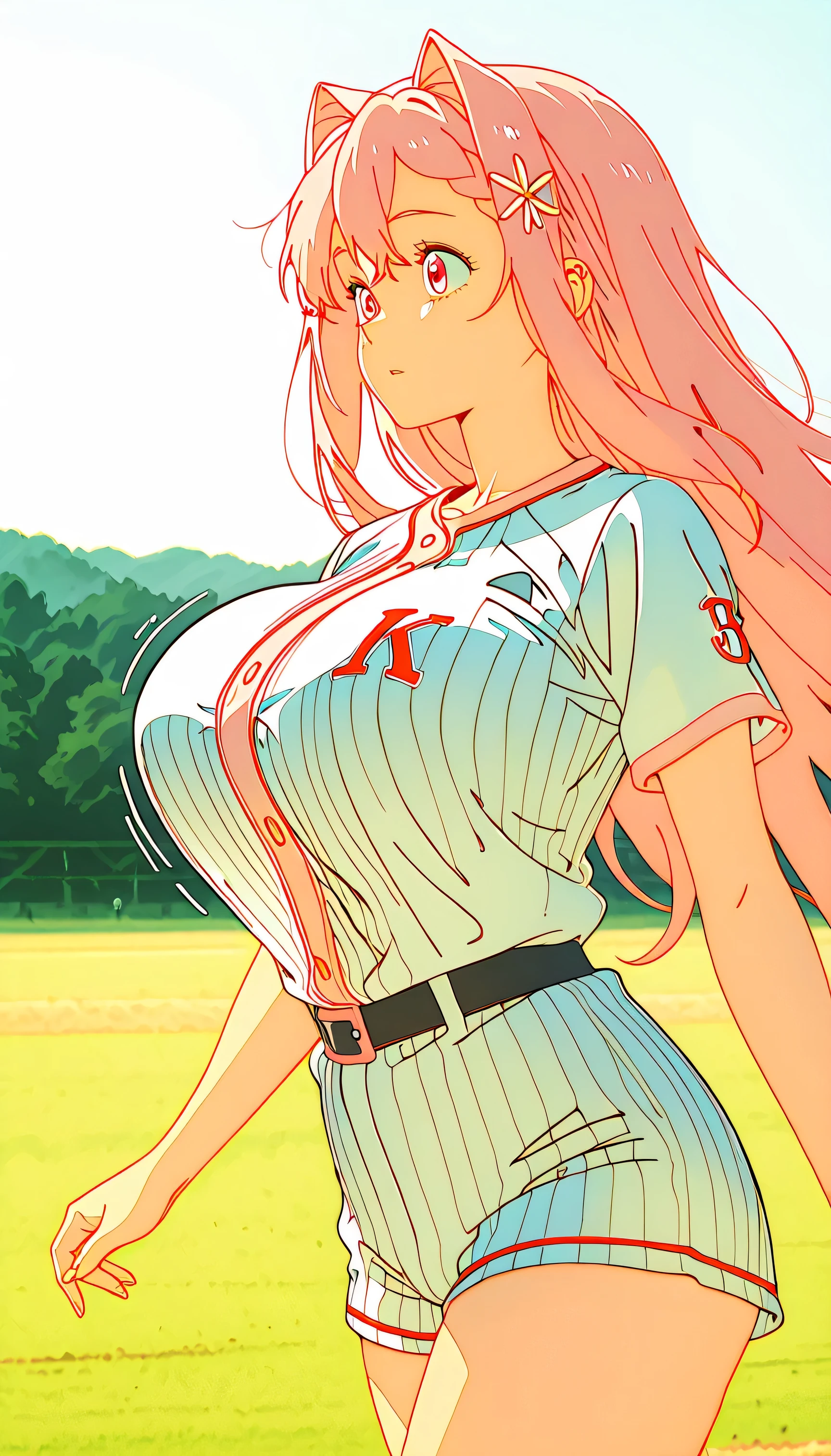 Professional baseball player ，woman，mkhekareno, high saturation ，CG Art，pure, concept art , Lofi Art style，, Lofi Art, beautiful anime scene, Anime Landscape, big breasts in okunai,Bouncing Breasts, pink hair, solo, long hair, hair intakes, braid, hair flower, pink eyes,