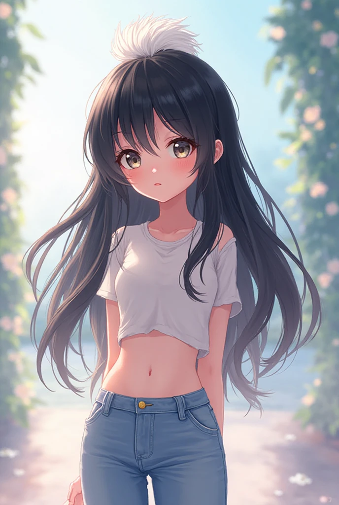 (8K, Live shooting, best quality, muste piece: 1.2), High-definition RAW color photo, Professional photography, cinematic light, ((1 girl)), focus on , (Low - Angle:1.2), super cute face, (black long hair), smile, Gorgeous body, glossy lips, slender body, , small , ((T-shirt, denim shorts, )), with your back turned:1.5, Are standing:1.2, Turn around pose, natural makeup, long eyelashes, shiny hair, asymmetrical bangs, tanned skin, pretty face, beautiful detailed eyes, beautiful body, beautiful , beautiful thighs, beautiful legs, (((clean fingers, 5 fingers on hand, five fingers))), (((flower garden, garden))), central image, high resolution, high detail, detailed hairstyle, detailed face, epic movie lighting, lively, hyper real, perfect limbs, perfect , anatomically correct,