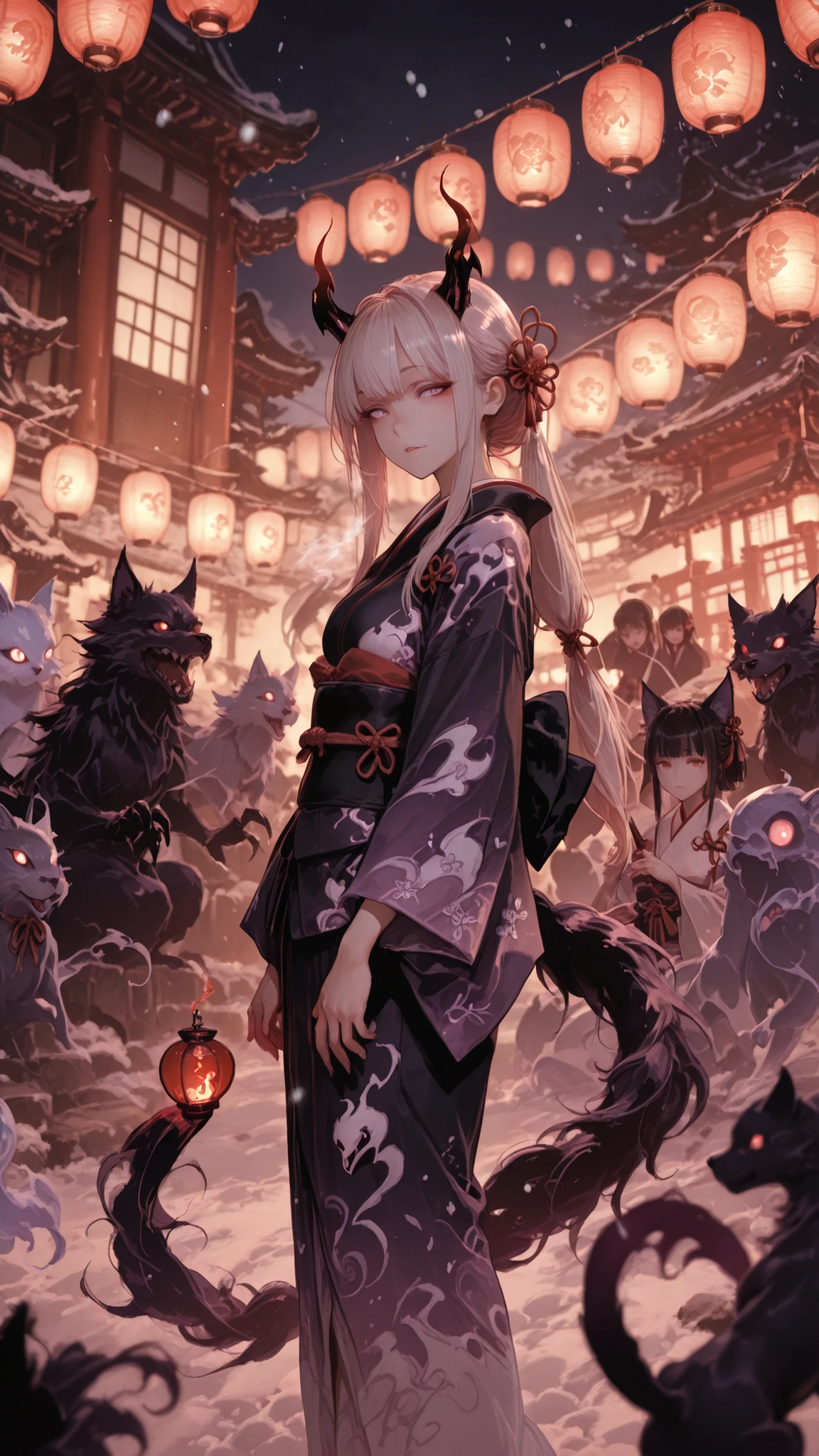 Highest Quality, Super Detailed, 8K Wallpaper, Procession of Yokai , Night town in the Edo period, red lantern light, Snow Maiden, Zashiki Warashi, Demon woman, Ushiki, Nurarihyon, Ghost cat, The Bewitching Fox , Old Torches, The heat of a summer night, winding paths, Japanese style architecture, moonlight, Dark Shadows, Light fog, tense atmosphere, Detailed Japanese-style design