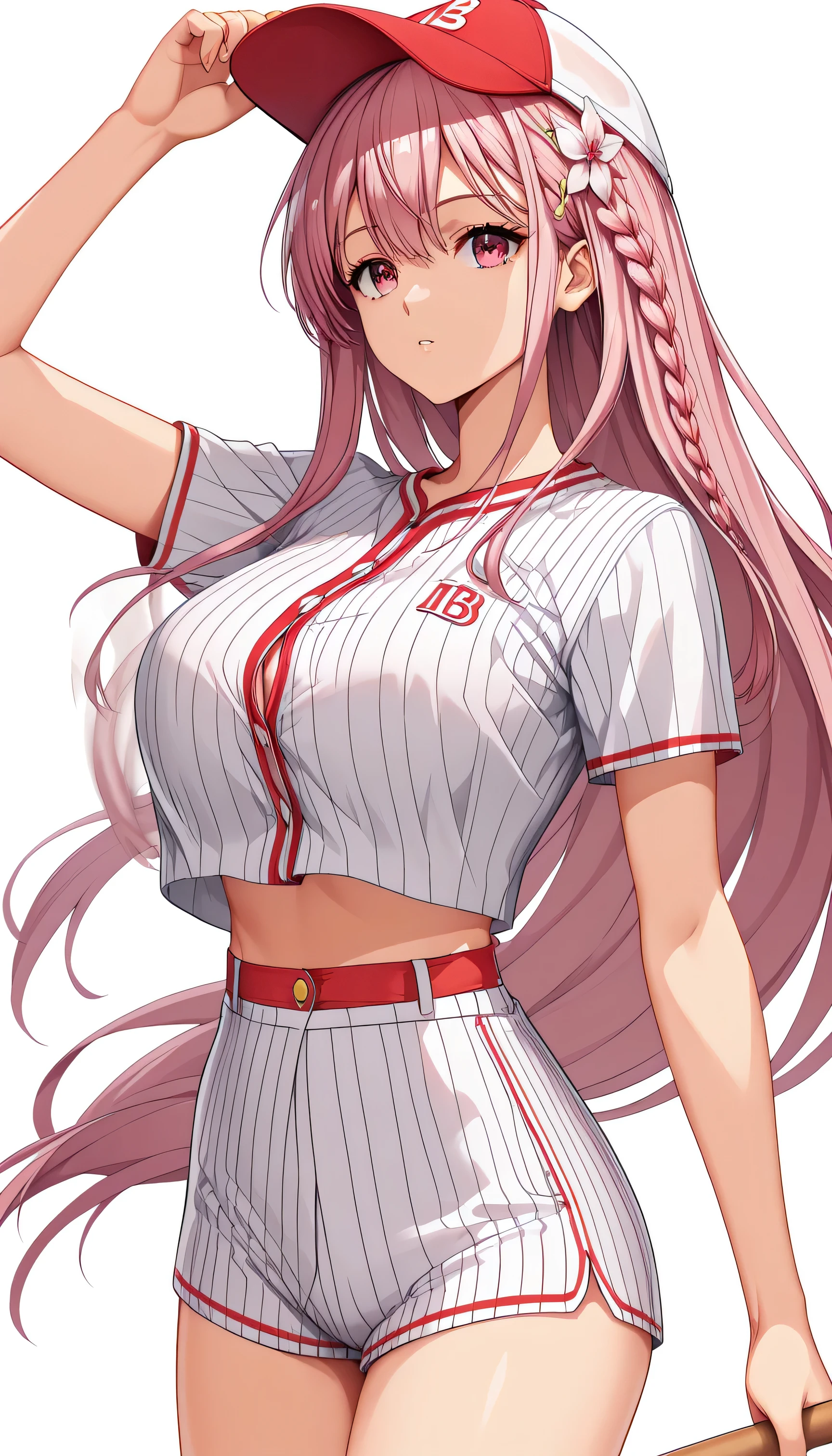Professional baseball player ，woman，mkhekaren，CG Art，pure, concept art , Lofi Art style，, Lofi Art, beautiful anime scene, Anime Landscape, big breasts in okunai,Bouncing Breasts, pink hair, solo, long hair, hair intakes, braid, hair flower, pink eyes,