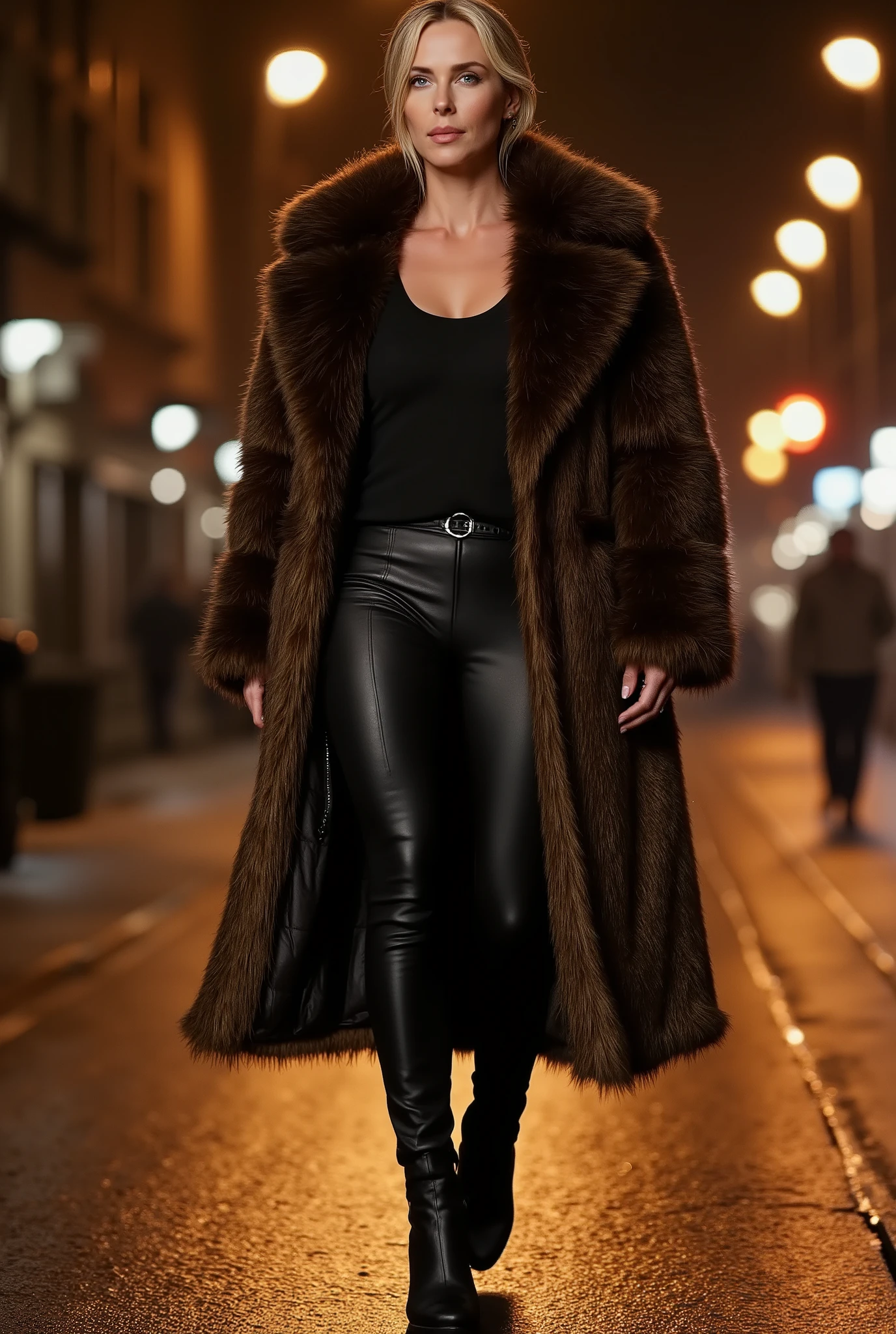 Ultra-realistic full-body cinematic portrait (1:1) of Scarlet Voss, a 45-year-old secret agent walking through a dimly lit city street at night. She wears a luxurious long fur coat inspired by the reference — dense, voluminous, and elegant with deep black-brown tones and rich texture. Beneath it, she wears tight black leather pants and high-heeled black boots with a sleek tactical finish. Her white hair is tied back neatly, framing her piercing blue eyes and a composed, confident expression that suggests quiet power. The streetlights cast warm amber reflections across her coat’s surface and the wet pavement beneath her.
The atmosphere is cinematic and grounded — urban espionage realism. Shot on 35mm film, 8K resolution, shallow depth of field (f/2.8), with real human skin texture and natural aging detail. Bokeh lights in the background glow softly, creating contrast against her dark attire. Her posture is upright, controlled, and graceful, exuding intelligence and authority.

Camera & aesthetic tags:

(real human, cinematic tone, urban streetlight reflection, fur texture detail, high dynamic range, leather shine, 35mm film grain, handheld street photography realism, amber bokeh, elegant cold atmosphere)

Negative prompt:

(no anime, no illustration, no CGI, no digital art, no painting, no fantasy armor, no plastic skin, no filters, no oversharpening, no soft focus blur, no unrealistic lighting)