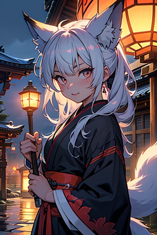 A magnificent view of the city from the treetops、(masterpiece, best quality:1.2), 1girl, 独奏,Wolf girl, fox mask, ninja, girl, long white hair, odd eyes, blue kimono, ninja girl, red and blue scarf,Dancing Cherry Blossoms,Full moon backlighting, light coming in, fantastic atmosphere.night、Shadows of light and darkness、Eyes glowing in the dark、Black fox mask、Fisheye Lens、Expansive starry sky、long hair that spreads、Overlooking the city from atop a large cherry tree、