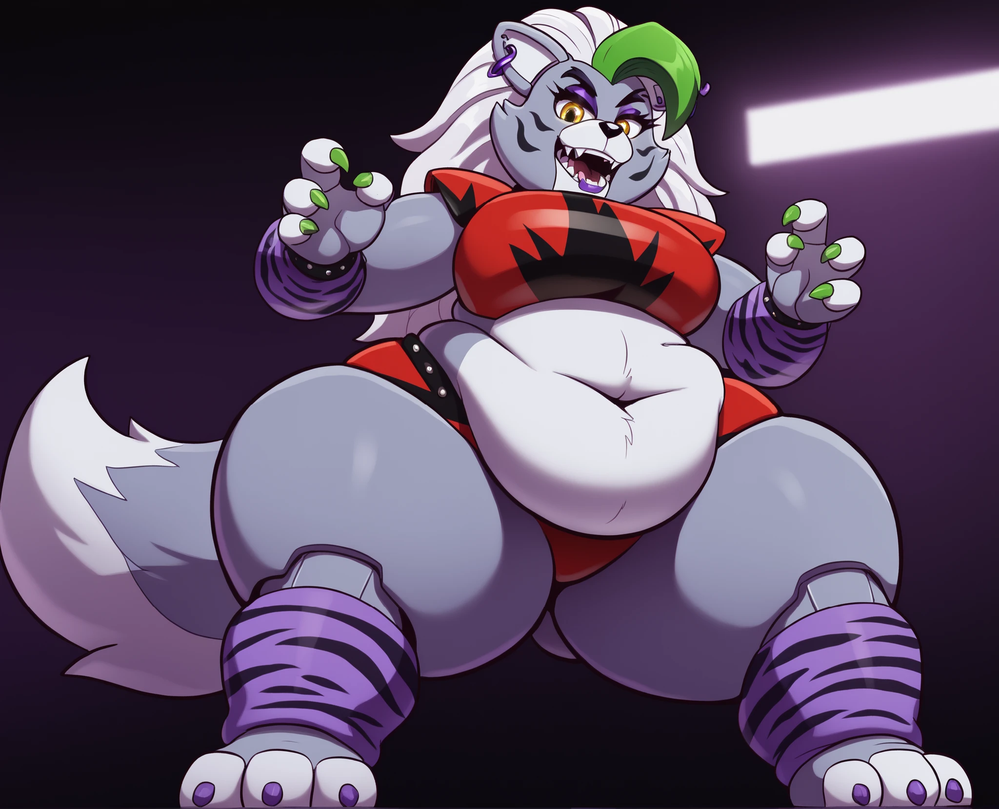 Roxanne Wolf from fnaf, Very sexy, cute, purple lip stick, Paws, Paws claws, purple claws on feet ,green claws on hands, purple leg warmers leopard print, Masterpiece, UHD, thunder thighs, very fat arms, wide hips, full body shot, curve, no thigh gap, bbw, big sharp teeth, double chin, fat butt, fat hanging gut, wide body, belt,, gut, T-shaped belly button, clean line work, eyes black pupils,,submissive,, short legs, 3 toes, intimidating expression, has huge giant breasts, overweight,in bedroom, busty chest, night time,