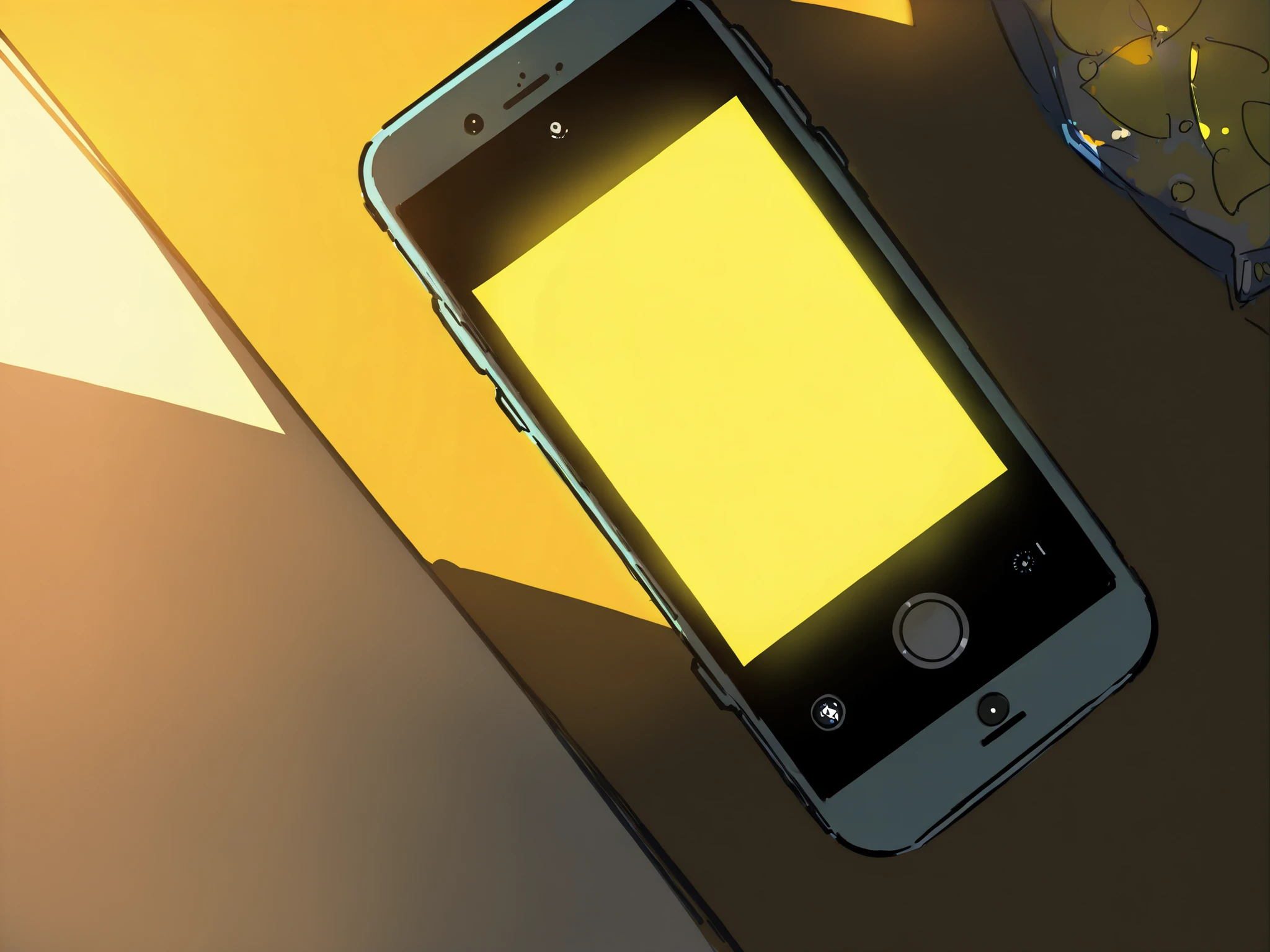 sketch, 2d, solo leveling art style, morning light, 2d, concept art, A mobile phone turned on on a small table, next to a bag of chips, perspective , close up on the phone , vibration