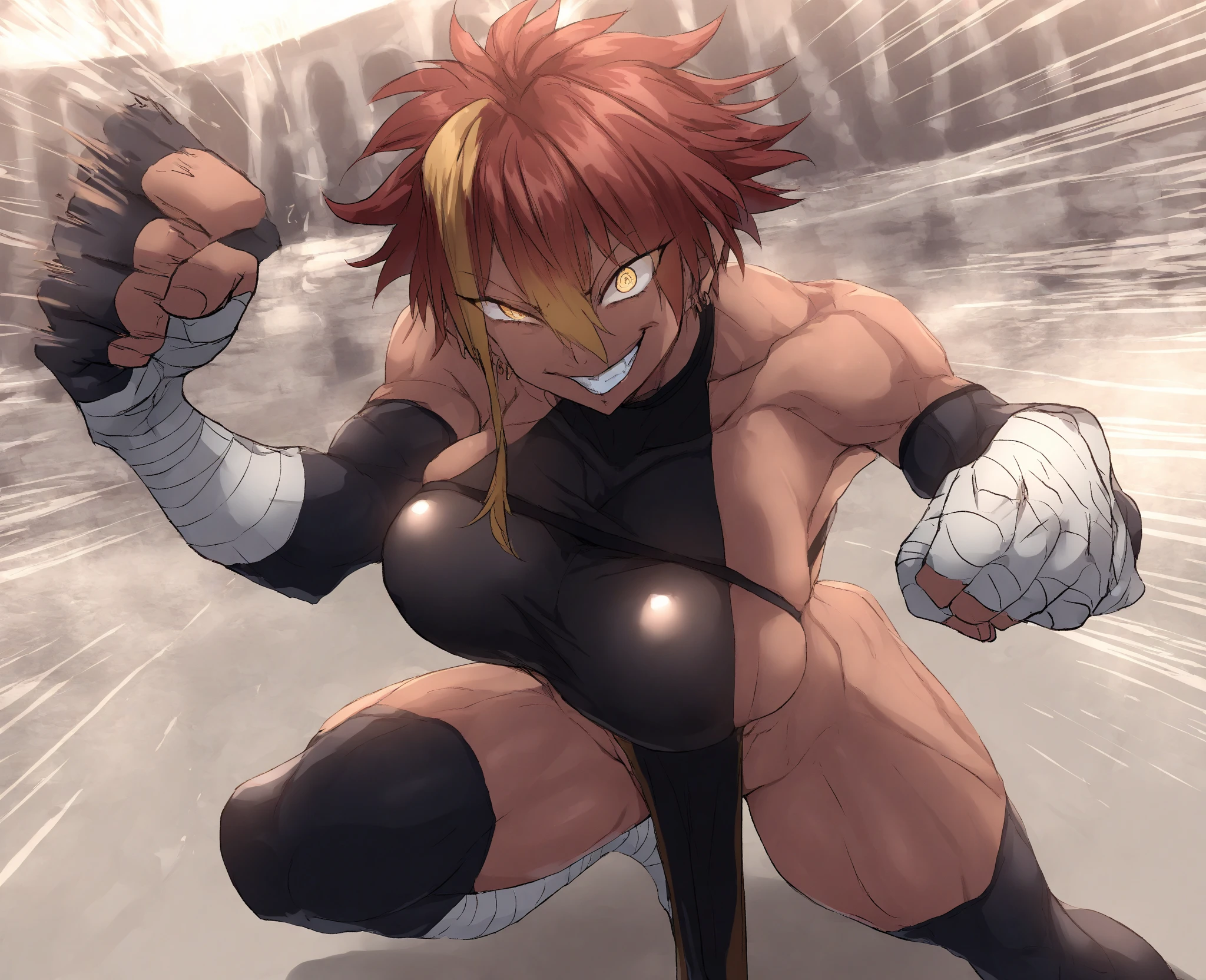  , Grappler
High quality ,  best quality , masterpiece,  High Resolution , anatomically correct,anime Coloring
1girl,solo,Cool woman, handsome woman, beauty in men's clothing
, dark-skinned female, yellow eyes, short hair, red hair, yellow hair, multicolored hair, single sidelock, large  breast_press, standing, arms hugging breast,