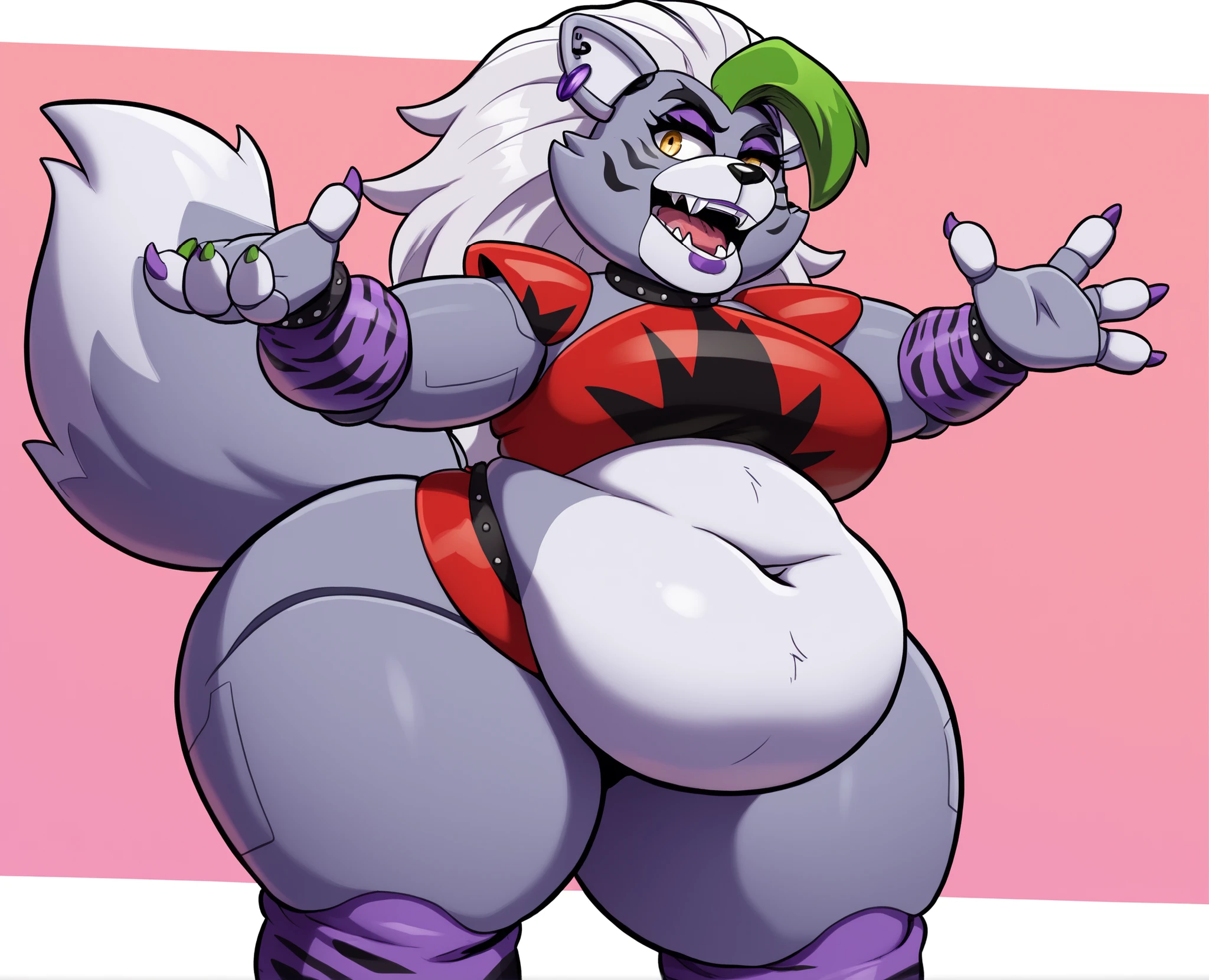 Roxanne Wolf from fnaf, Very sexy, cute, purple lip stick,  Paws, Paws claws, purple claws on feet ,green claws on hands, purple leg warmers leopard print, Masterpiece, UHD, thunder thighs, very fat arms,  wide hips, full body shot, curve, no thigh gap, bbw, big sharp teeth, double chin, fat butt, fat hanging gut, wide body, belt,,  gut,  T-shaped  belly  button, clean line work, eyes black pupils,,submissive,, short legs, 3 toes, intimidating expression, has huge giant breasts,  overweight, busty chest, huge, viewer looking up at her,