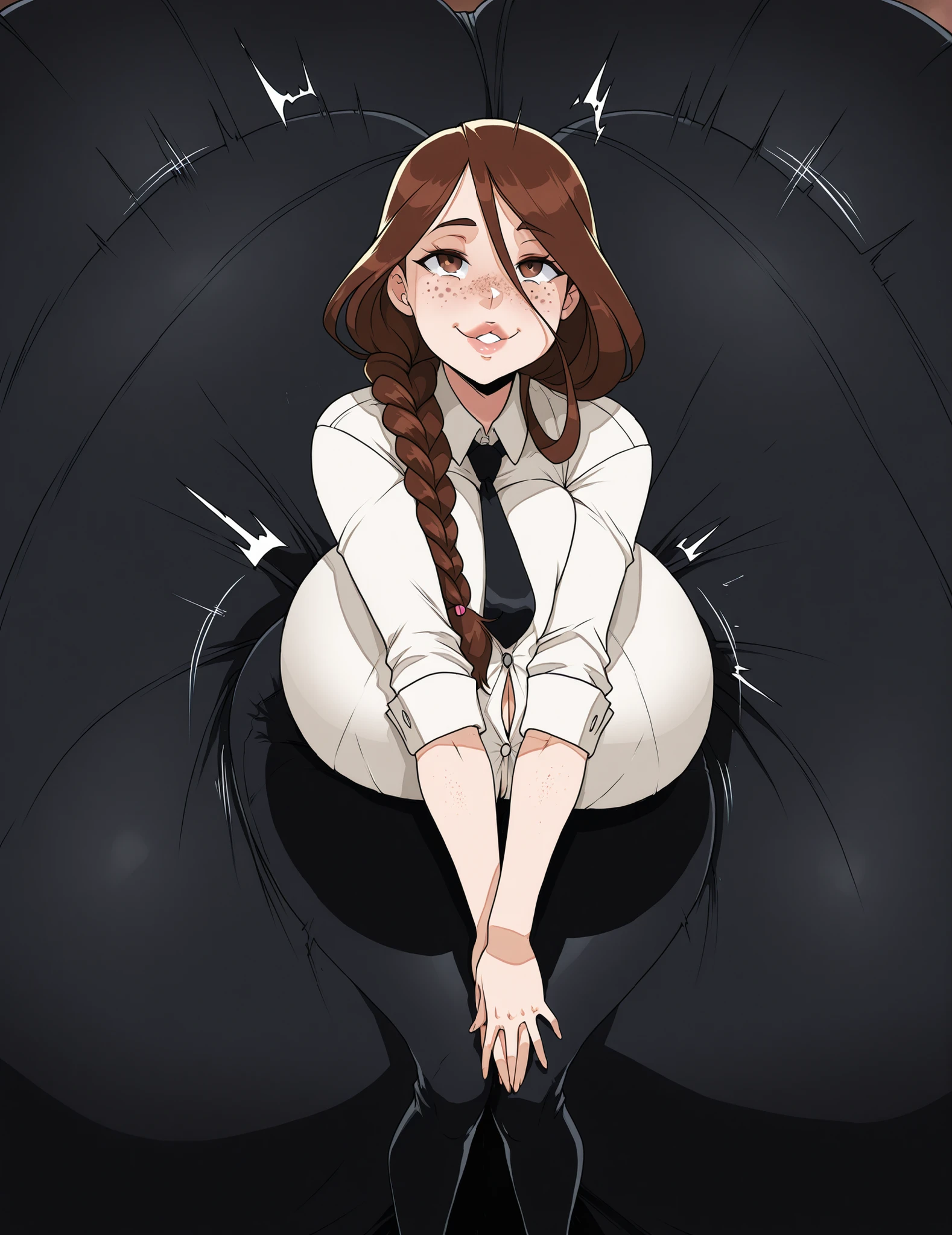 Closeup, manga artstyle, a beautiful girl with a hyper massive ass, detailed face, long braided brown hair, freckles, pink pouty lips, both hands reaching back and squeezing,  ass expansion, extremely wide hips, super thick thighs, hyper bottom heavy, wearing tight black pants, big boobs, faux innocent smile, wearing white button up top, masterpiece,  best quality,  extremely detailed, 