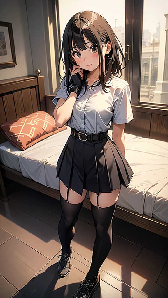 ​masterpiece、flat-colors、depth of fields、lens flare 1 girl、、Brown hair、watching at viewers　　　black suspenders　　　Bulging big breasts　　 　 　　　walls: 　Black 　garters　　　　　　Gaze　　　Small face　bangss 　　　holster　　Belt Armament　Beautuful Women　srestrained　hands up　Lying in bed　Leg holster lying on the bed　　Gaze 　Black boots